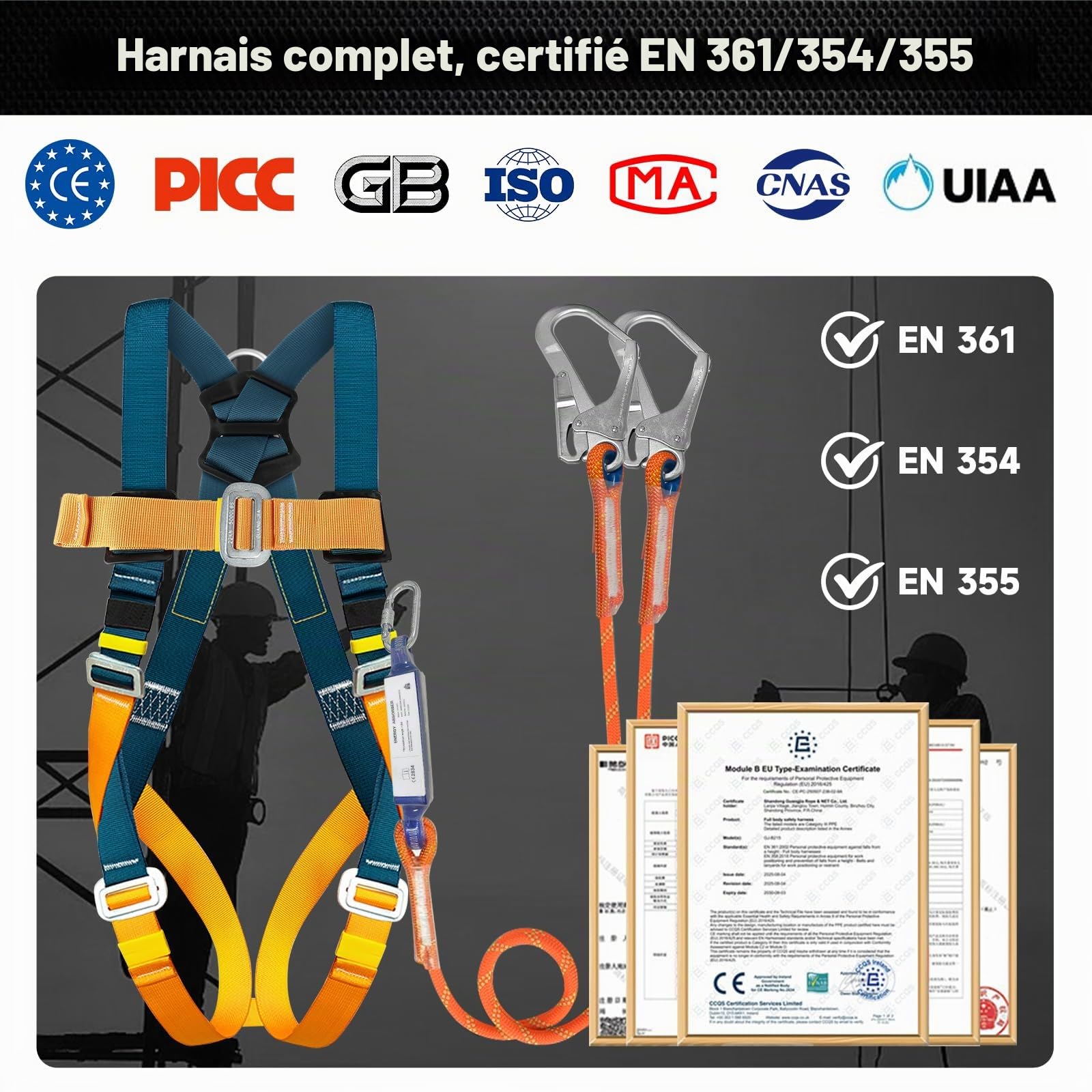 Harnais de sécurité intégral avec absorbeur d’énergie, 1,8 m double longes, charge max 140 kg, EN 361/354/355, harnais anti chute pour homme toiture, baudrier escalade