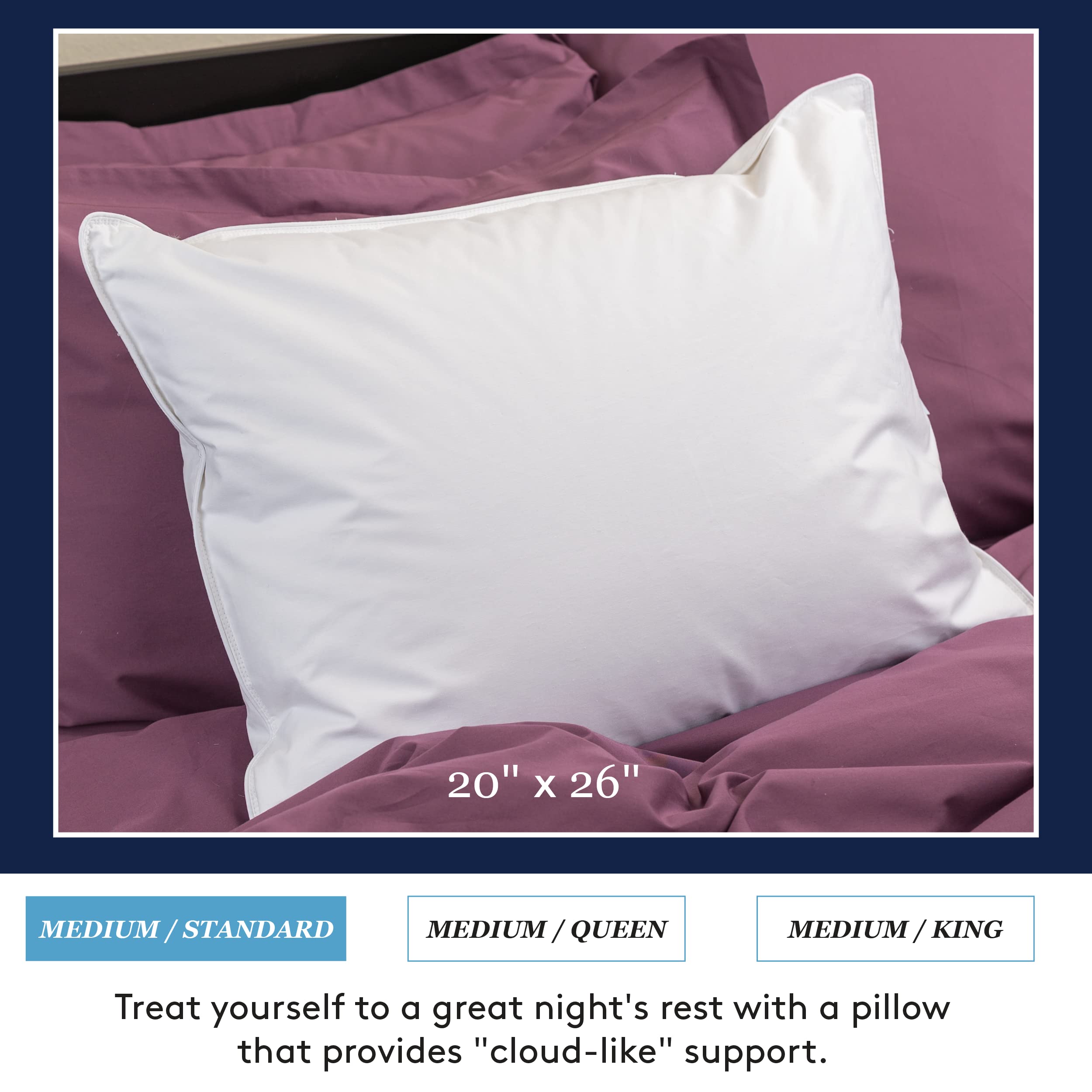 AmeriDown Premier Medium Down and Feather Pillow, Ideal Support for Back Sleepers, Standard Size, White