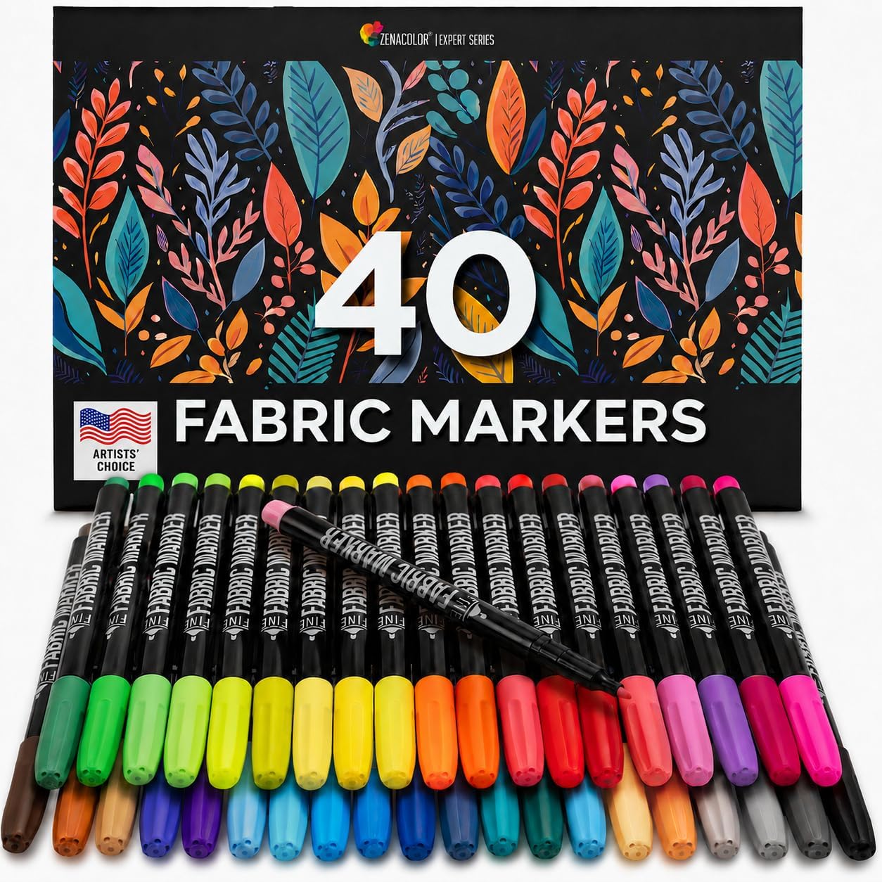 Zenacolor 40 Fabric Markers Pens Set - Non Toxic, Indelible and Permanent Fabric Paint - Fine Point Tip Textile Marker Pen