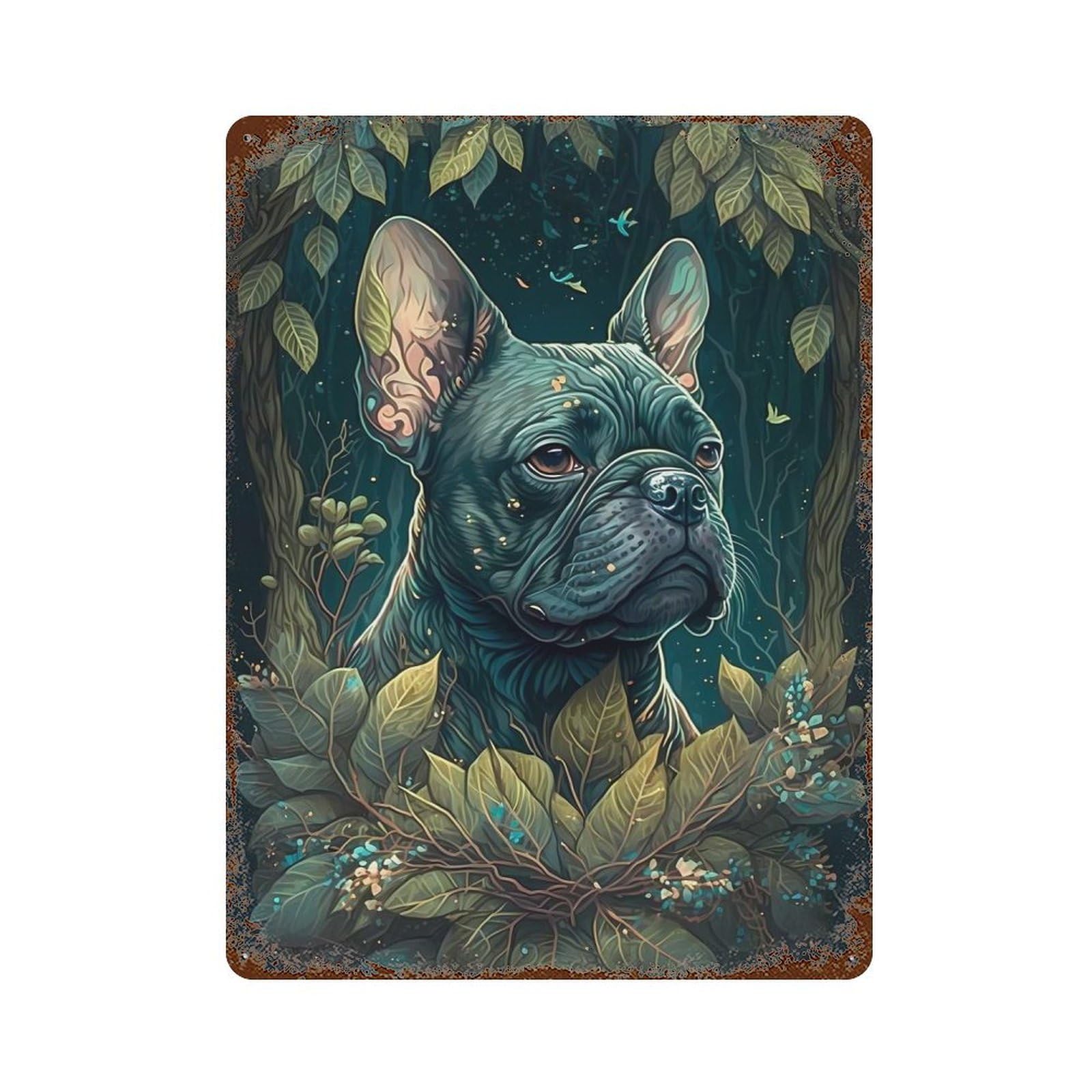 French Bulldog Dog Forest Aged Metal Wall Plaque 15.7"x11.8", for Living Room, Hallway And Home Decor, Shabby Chic Decor