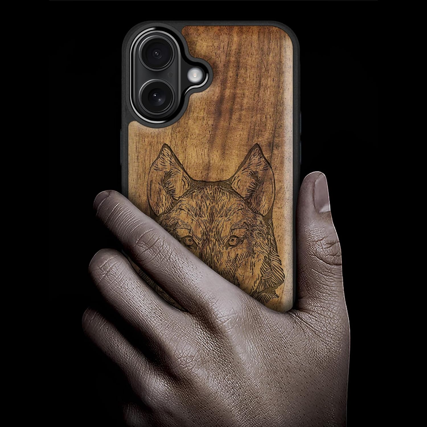 Carveit Magnetic Wooden Case for iPhone 17 Case, Wood Artisan Engraved & Black Soft TPU Shockproof Cover, Compatible with MagSafe Wireless Chargers (Wolf Head) Walnut