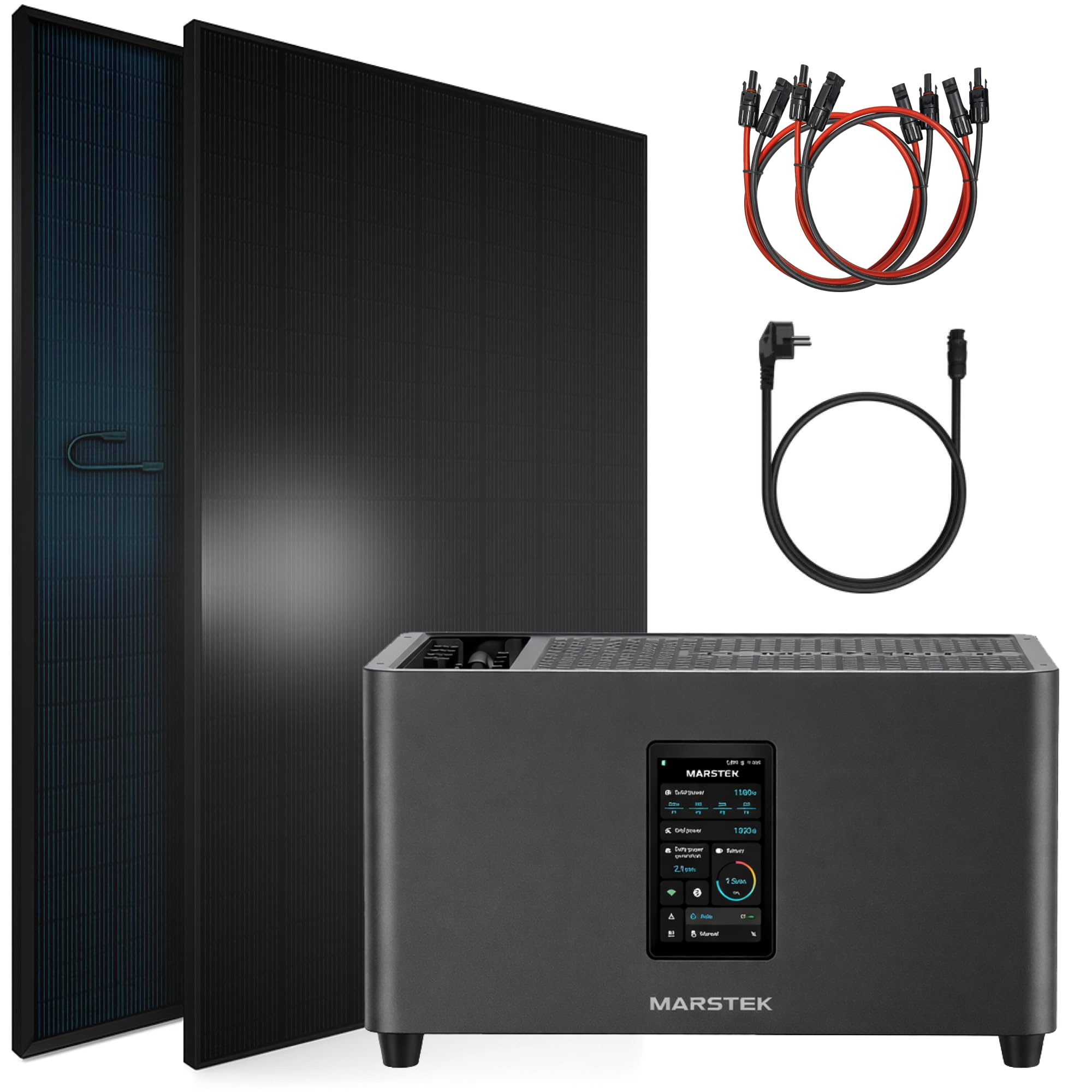 SUNNIVA® 920W Balkonkraftwerk mit 2,56 kWh Speicher MARSTEK Jupiter + C, BIFAZIAL FULLBLACK komplett Steckdose, PV Solaranlage Komplettset mit Solarspeicher, 2x 460W N-Type Glas-Glas Bifacial Module
