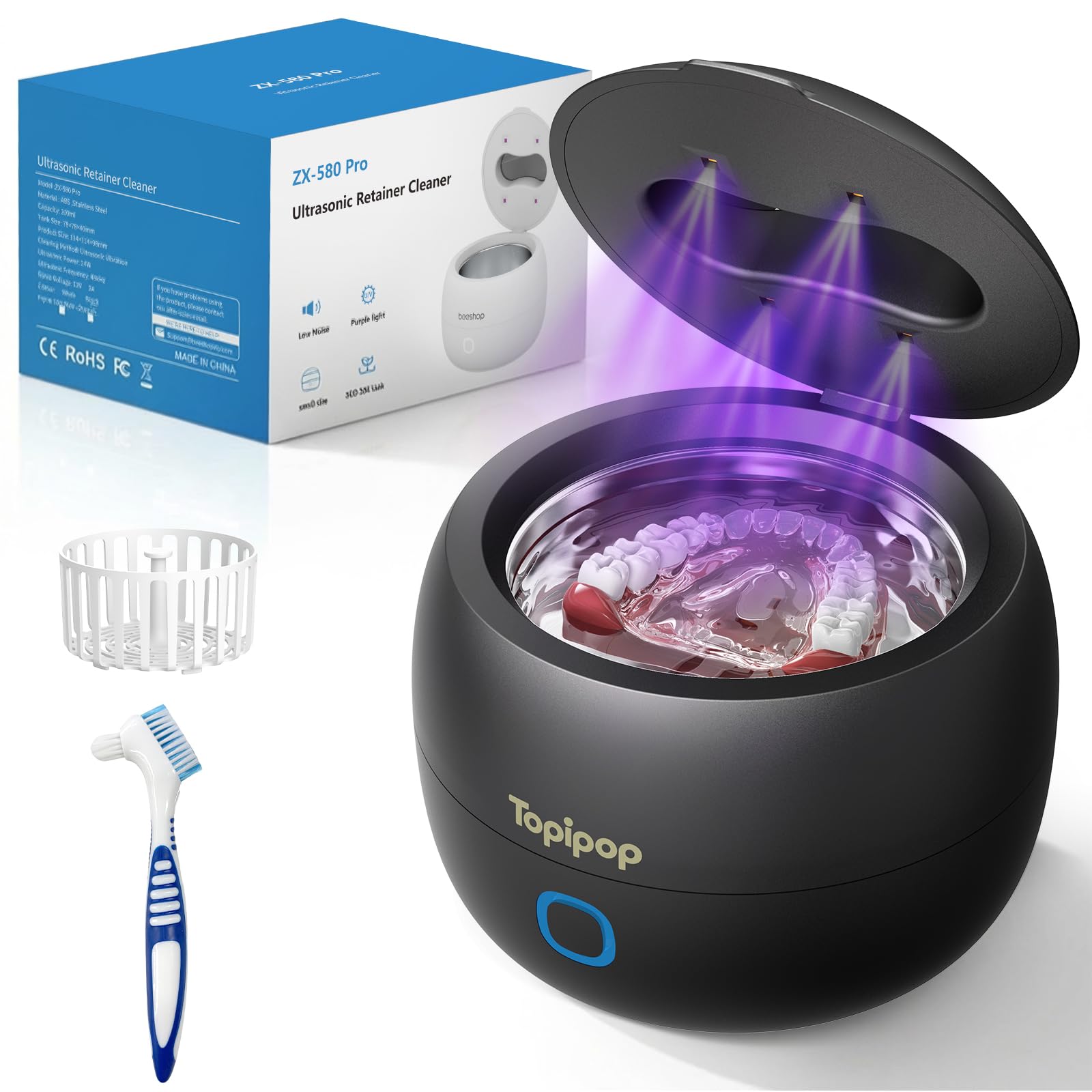 Ultraschallreinigungsgerät Zahnschiene, 45K Hz UV Ultraschallreiniger | 200 ml Dental Pod für Zahnschiene, Zahnersatz, Retainer, Aligner , Prothesen, Ultrasonic Cleaner mit 3 Modis (Schwarz)