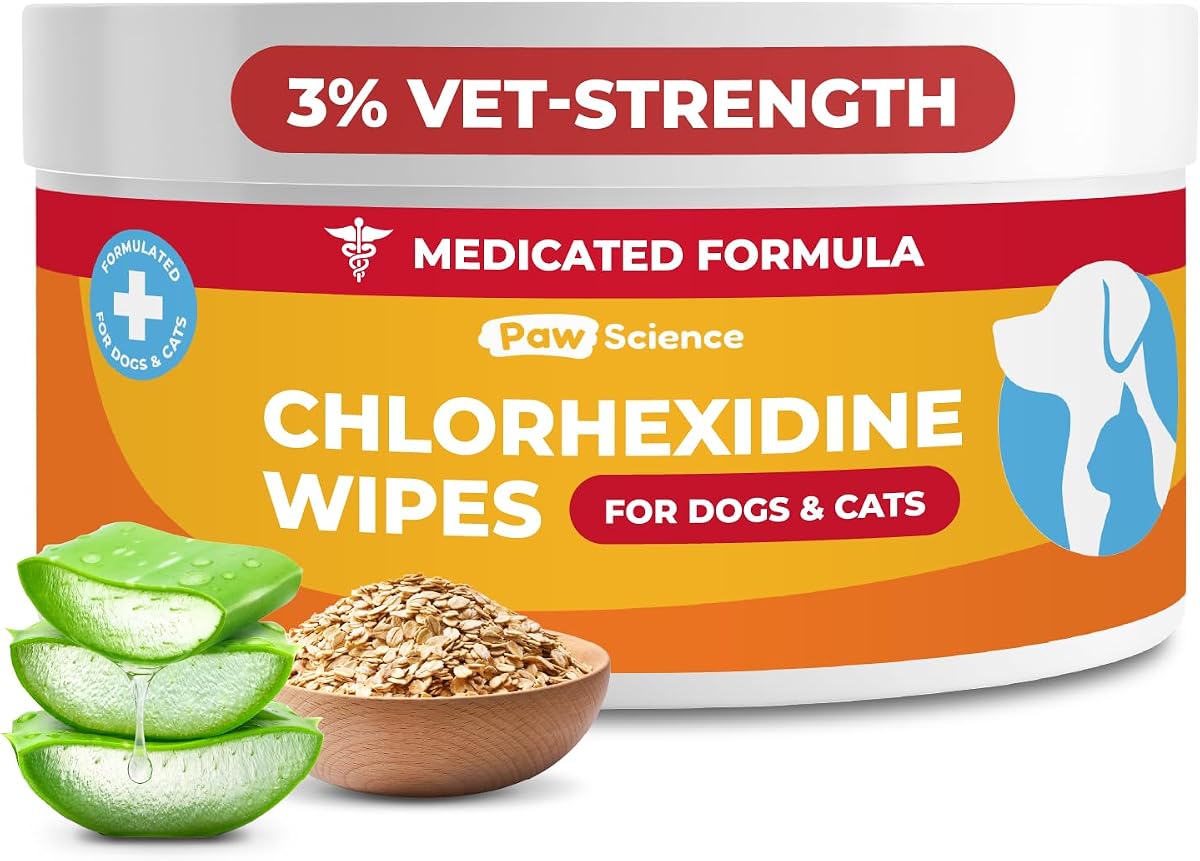 3% Chlorhexidine Wipes for Dogs and Cats - Cleansing Antiseptic, Antibacterial, Antifungal Wipes with Aloe for Skin Infections, Itchy Yeast Paws, Cat Acne
