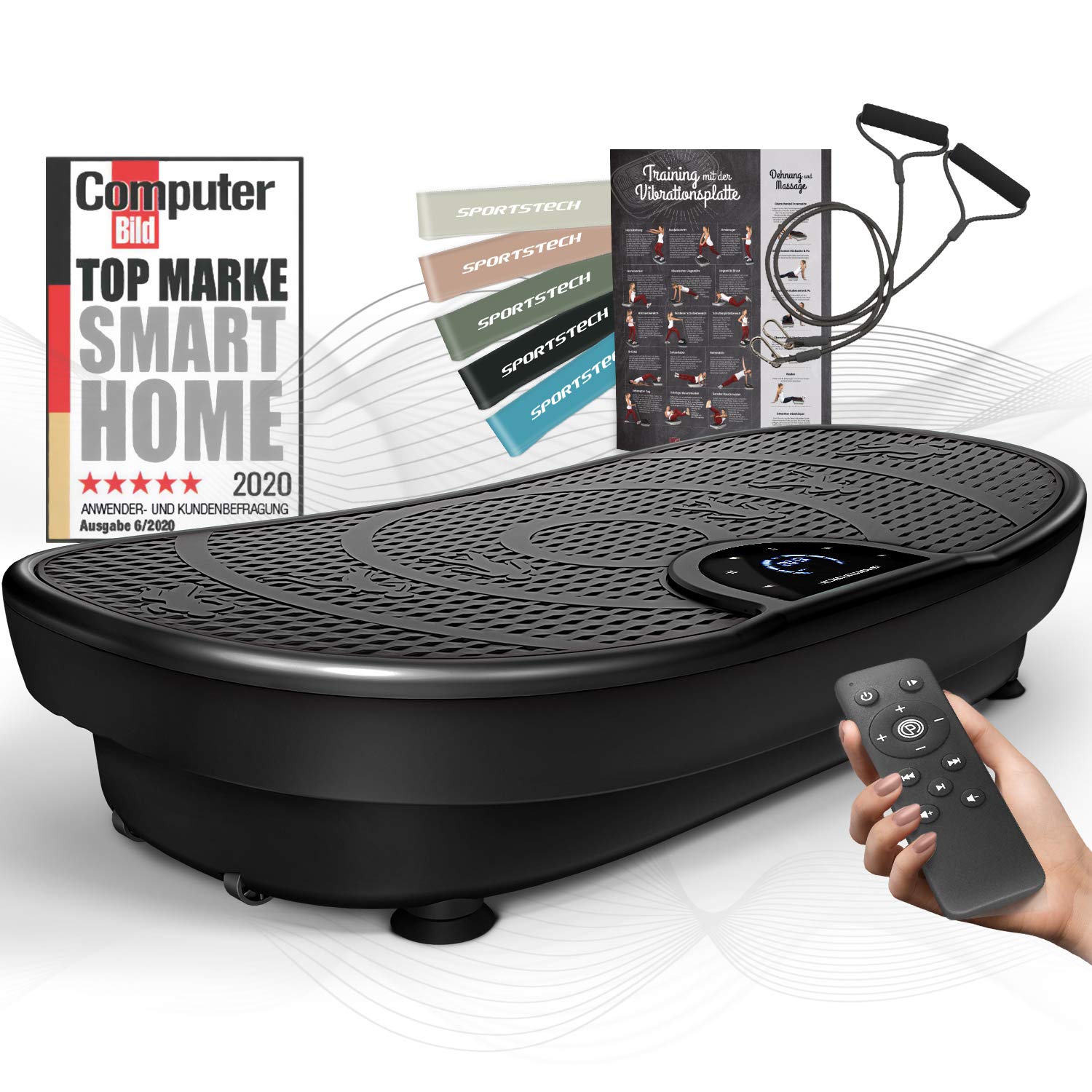 Sportstech - VP250 Plataforma Vibratoria, Potente Maquina de Adelgazar con Motor Silencioso de 200W, Plataforma Vibraciãn Muscular con 180 Niveles y 7+1 Programas, Pantalla Táctil Digital, Hasta 15 Hz