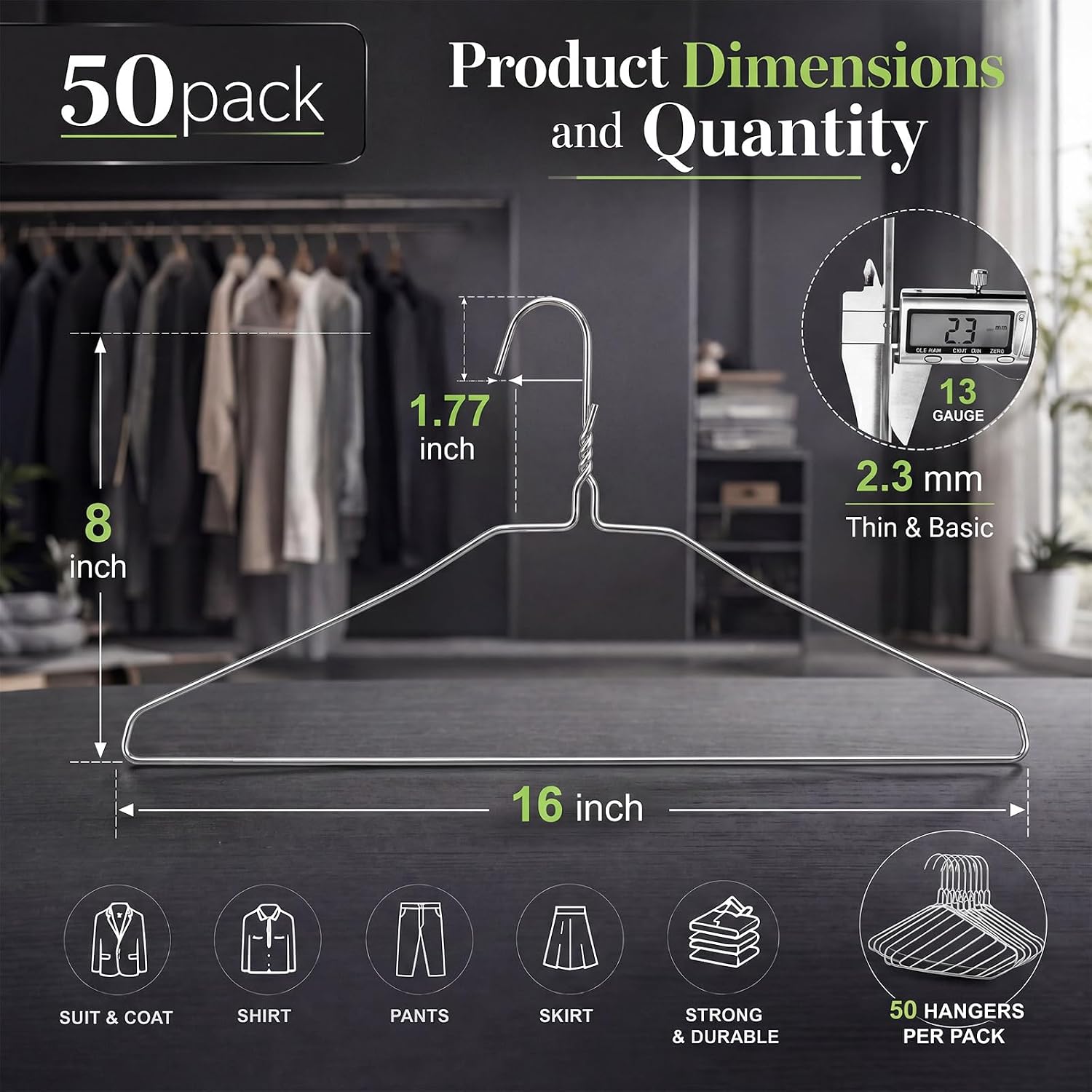 50 Pack Wire Metal Clothes Hangers 16 Inch Thin Hangers for Suits Coats Shirts Pants, Skirts, Space Saving Non Slip, 13 Gauge Silver, for Closet Organization