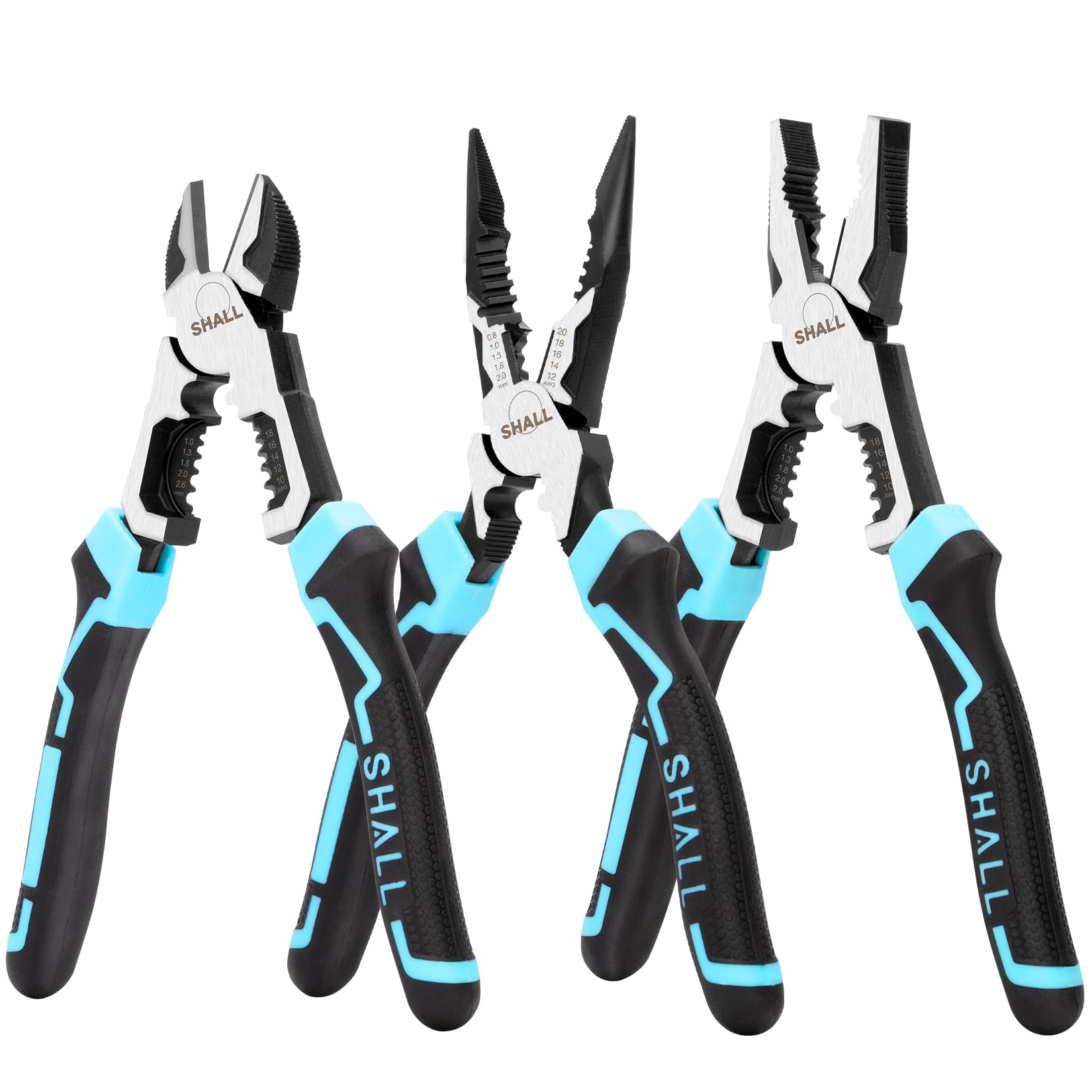 Shall Yellow 3-Piece High Leverage Multi Pliers Tool Set, 8" Needle Nose, 8" Diagonal Cutting, 8" Linesman, Electrician Pliers Set With Wire Cutter Stripper And Crimper