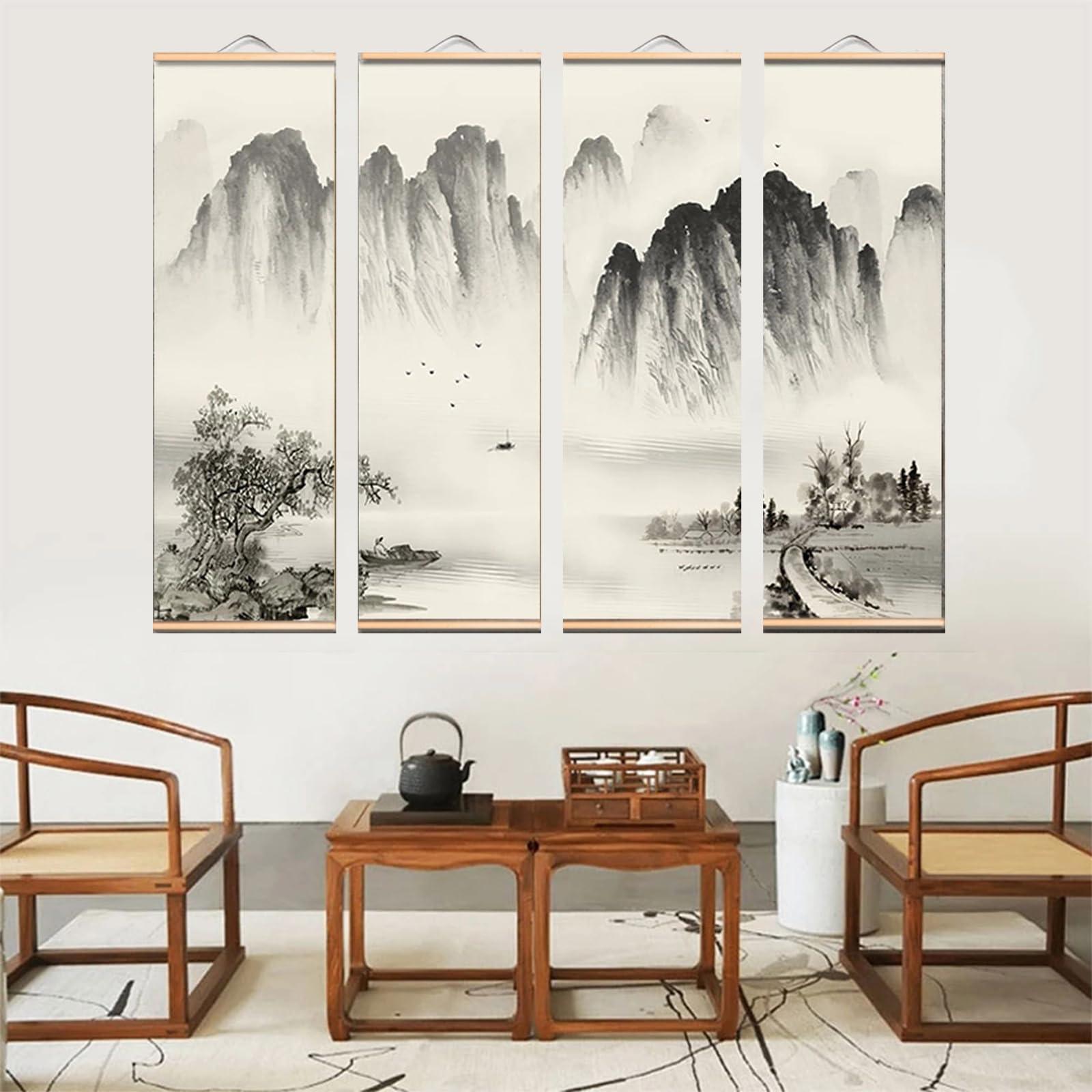 Amazon.co.jp: 装飾リール画 実木 掛け軸 山水の風景 カラー 年中掛け