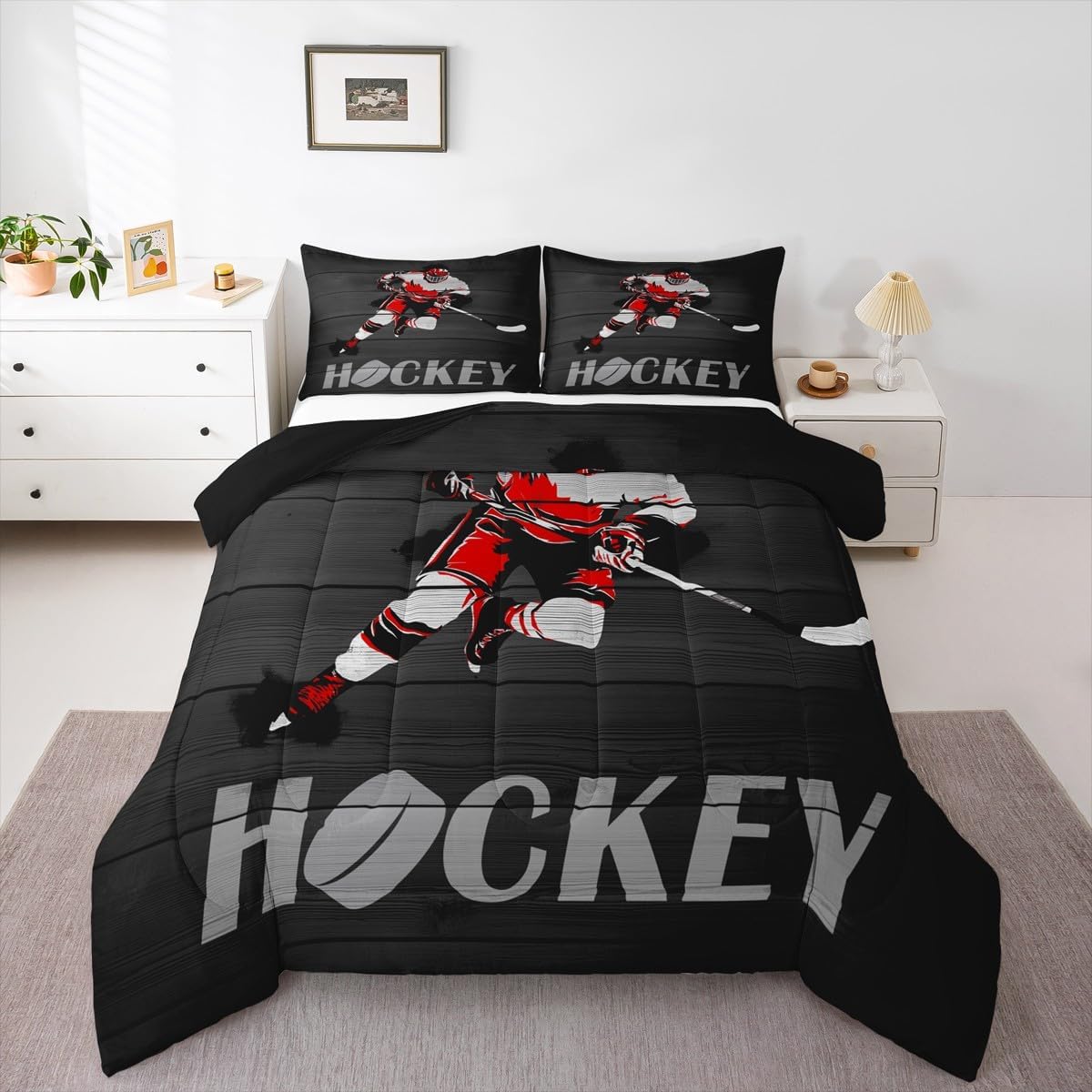 Hockey Player Bedding Twin Ice Hockey Theme Comforter Set, Black Grey Bedding Comforter Sets Sports Themed Duvet Insert, Vintage Grunge Stripe Down Comforter Microfiber for All Seasons 2 Pieces