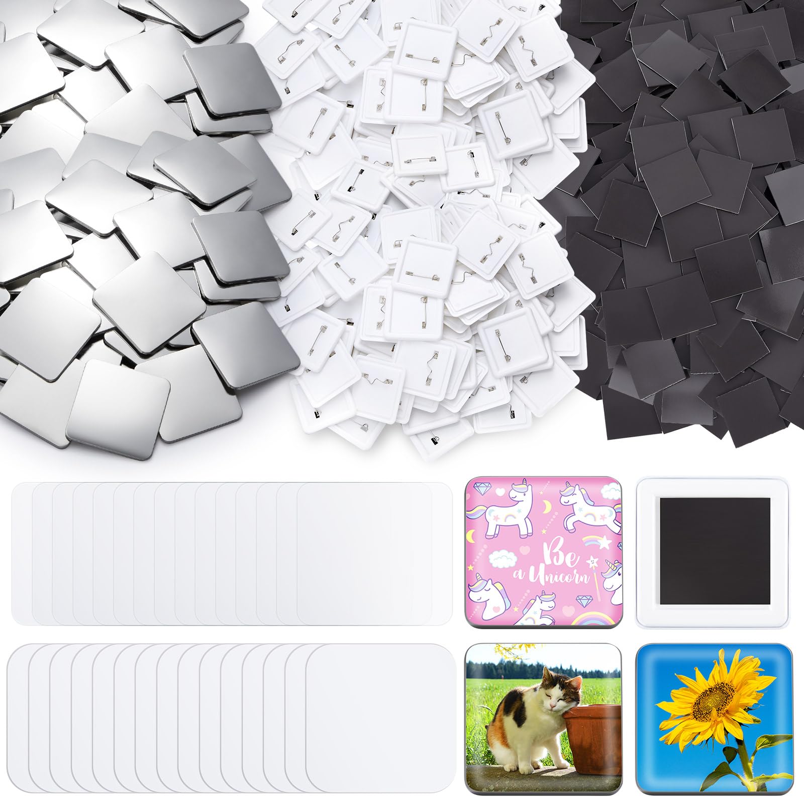 Teenyyou 100 Sets, 50 mm, quadratische Knopfteile, DIY-Kühlschrankmagnete, Bastelset mit Magnet, Metallabdeckung, Kunststoff-Rückseite, Nadeln, transparenter Folie, blanko Papier