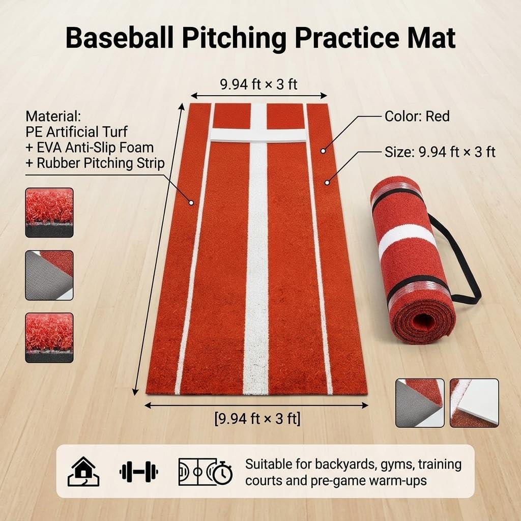 Professional 10' x 3' Softball Pitching Mat with Pitching Rubber, Thickened Baseball Pitching Alignment Mat with Anti-Slip EVA Backing & Anti-Fade Turf for Outdoor and Indoor Practice