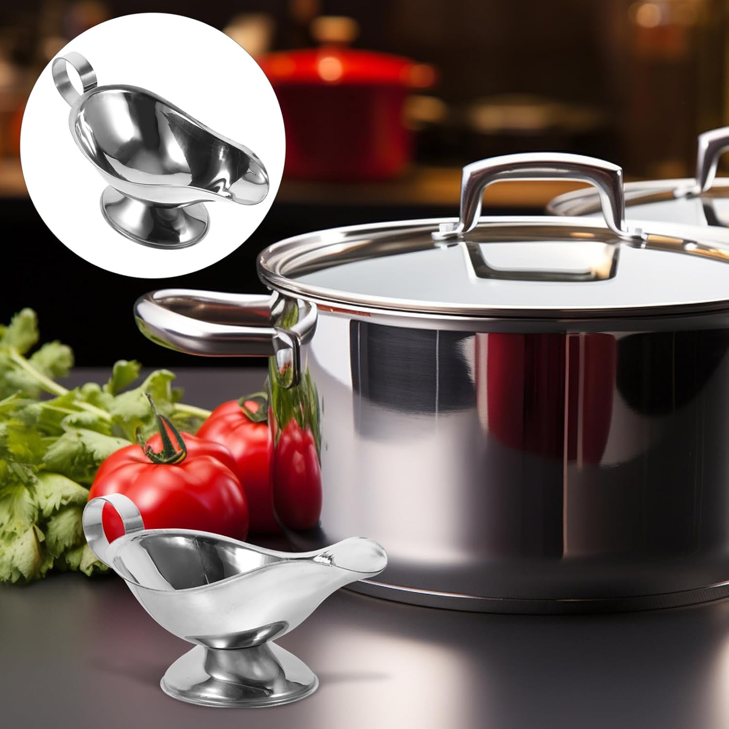 FOMIYES Stainless Steel Sauce Boat Sauce Cup Gravy Boat Saucer Lids Reusable (21x9.5x8cm)