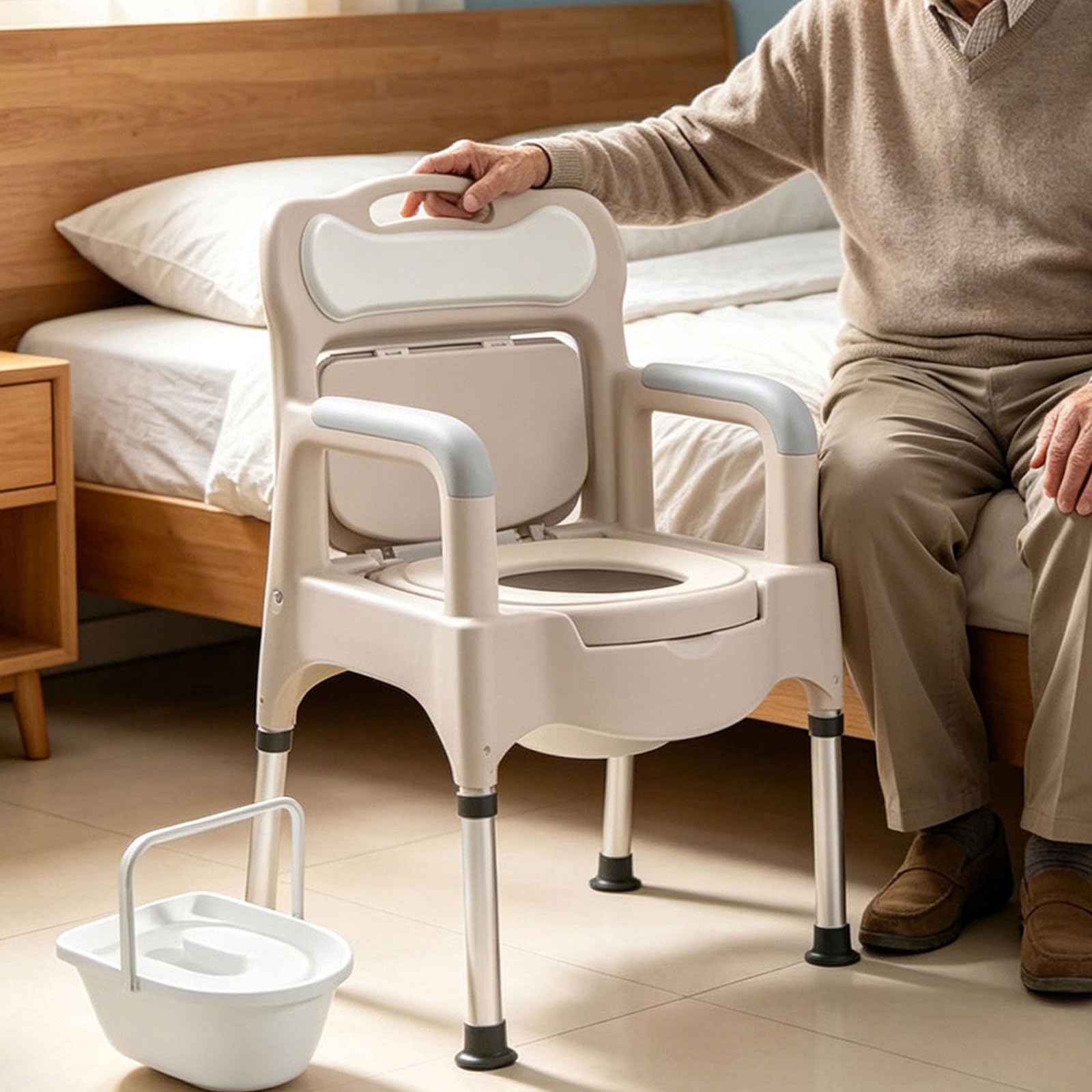 Czxhaery White Bedside Commode, Height Adjustable Commode Toilet Chair With Padded Seat & Arms, Free Standing Safety Chair With Non-Slip Feet & Detachable Bucket For Adults Requiring Additional Support (White)