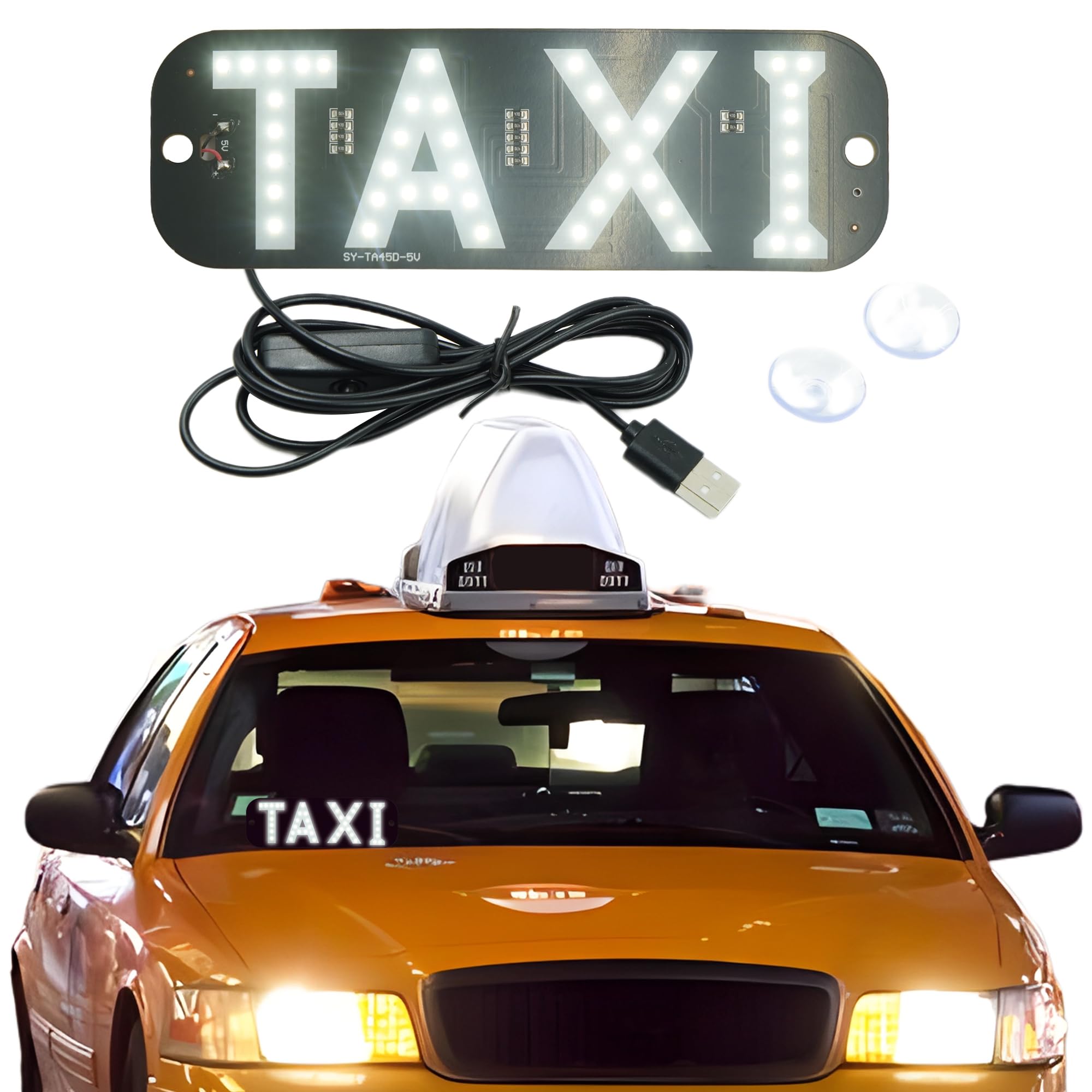 USB Plug Led Light Signs for Car, Taxi Sign Light Windshield, White Glow LED Sign Decal Stickers with Suction Cups Flashing Hook on Car Window LED Bright Lights