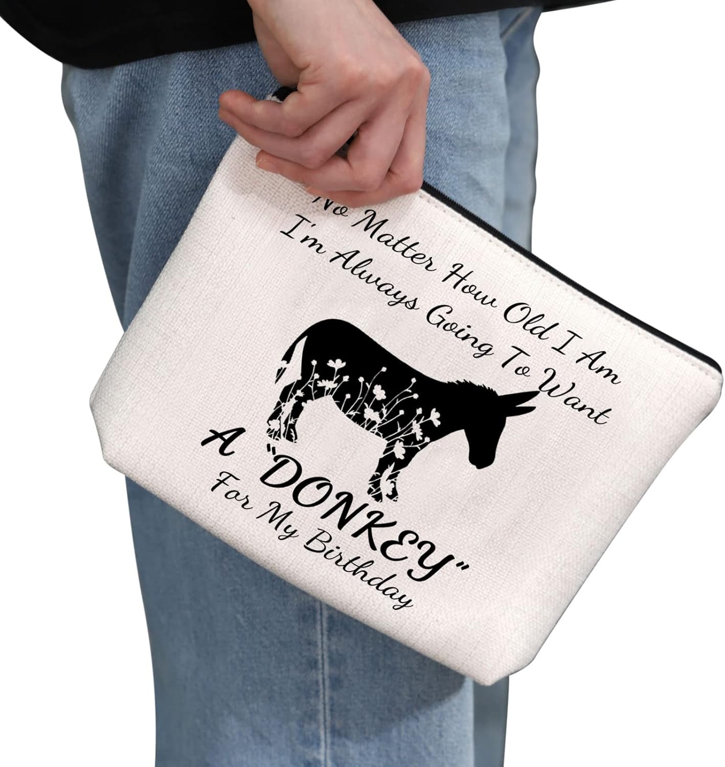 G2TUP Donkey Lover Gift No Matter How Old I Am Always Want A Donkey Makeup Bag Crazy Donkey Lady Cosmetic Bag Donkey Themed Gift Zipper Travel Bag (Want A Donkey White Bag 1.0) - Image 2