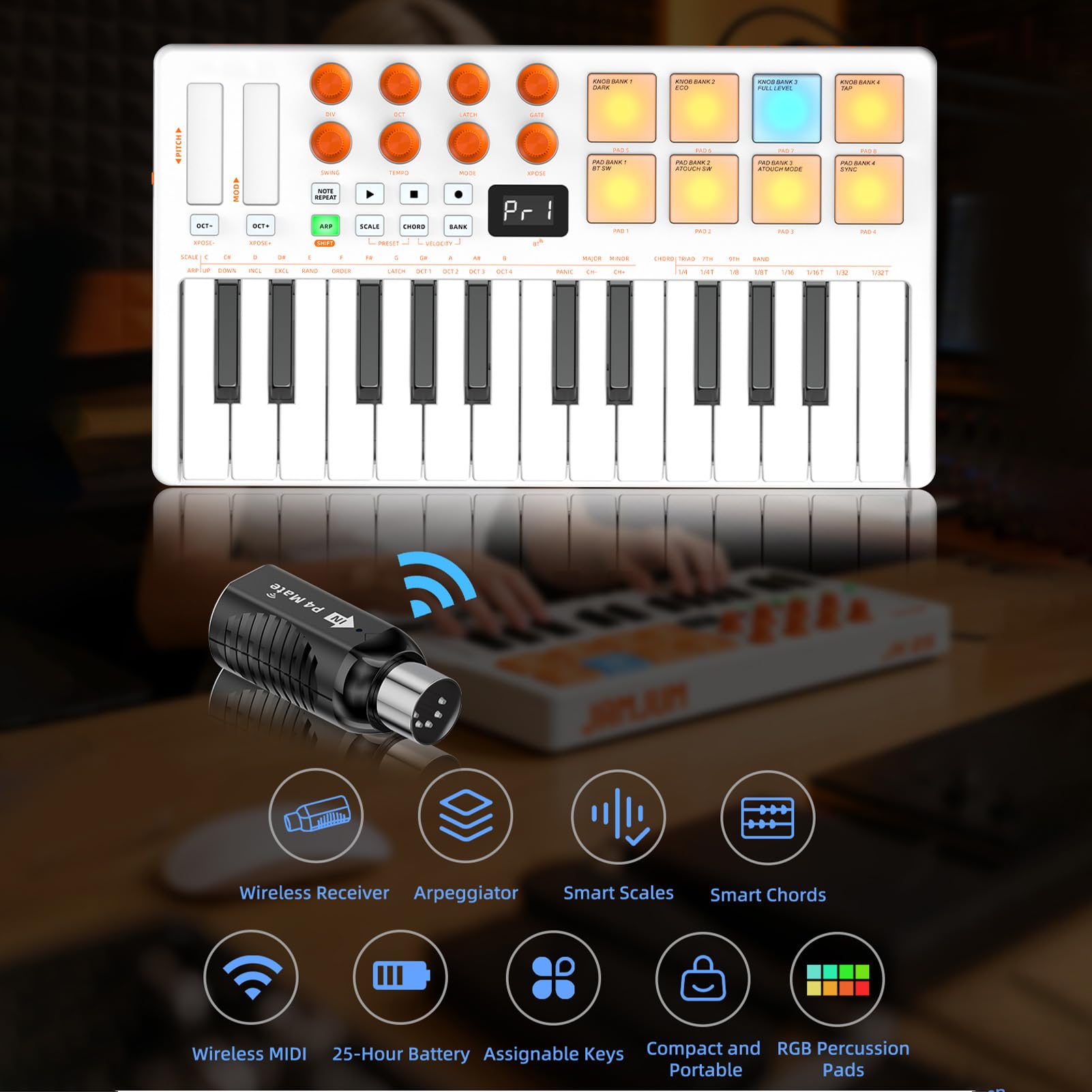 Asixxsix Tastiera controller, mini tastiera MIDI professionale a 25 tasti con 2 opzioni di connettività e 8 pad per batteria retroilluminati (WHITE)