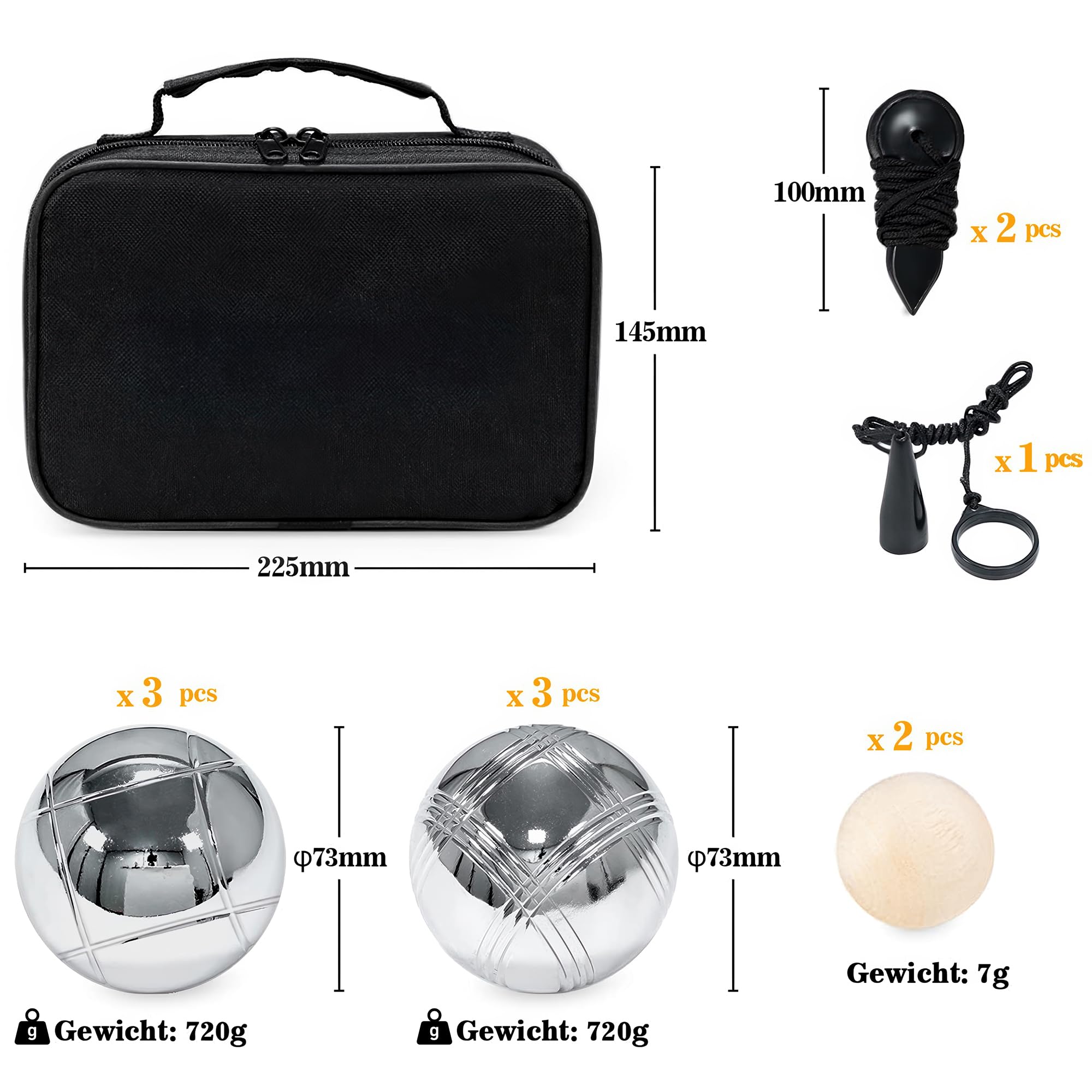 Boule Set, 6 Boccia Kugeln Metallkugeln Ø73mm, Boccia Spiel mit Tragetasche, 2 Zielkugeln, 2 Entfernungsmesser, 1 Magnet, Petanque fur Garten Camping Strand, Boccia Set für Outdoor Sport Spiel
