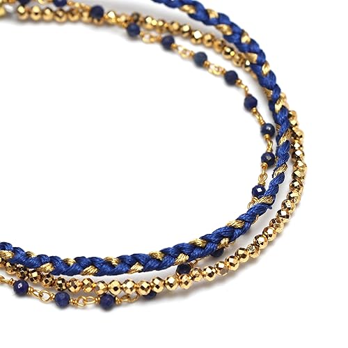 Miniatura 5 de Gempires Lapis Lazuli 3 Strand Bracelets, Braided Beaded Bracelets for women, September Birthstone, Gem stone Jewelry, 8.5 inches 14k Gold Plated