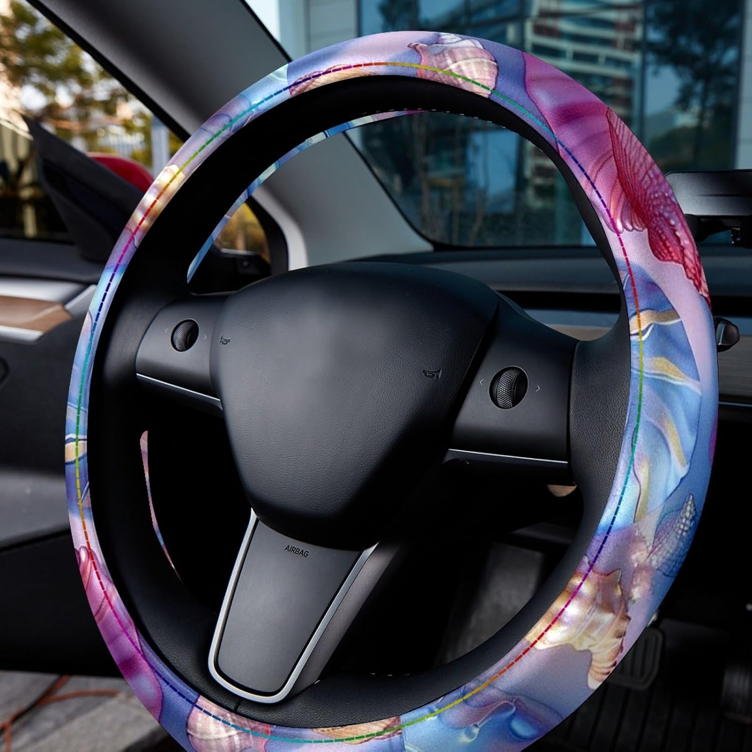 Leather Steering Wheel Cover for Women, with Seashell Printing Universal Fit 14.5-15 inch Anti-Slip Car Steering Wheel Protector Car Interior Accessories for Vehicle SUV Trucks