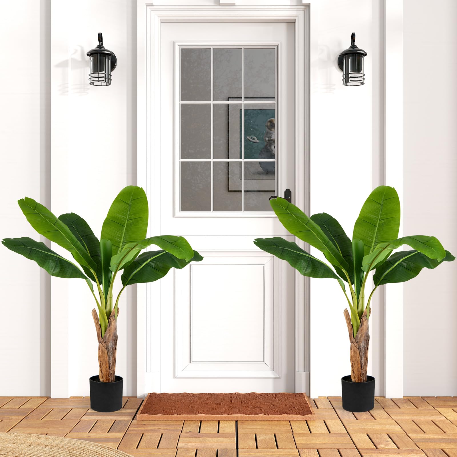 COSTWAY Set da 2 Alberi di Banane Artificiali, Pianta Finta con Foglie di Banana e Rami Regolabili con Vaso, Pianta in Vaso Decorativa da Interno per Soggiorno o Ufficio