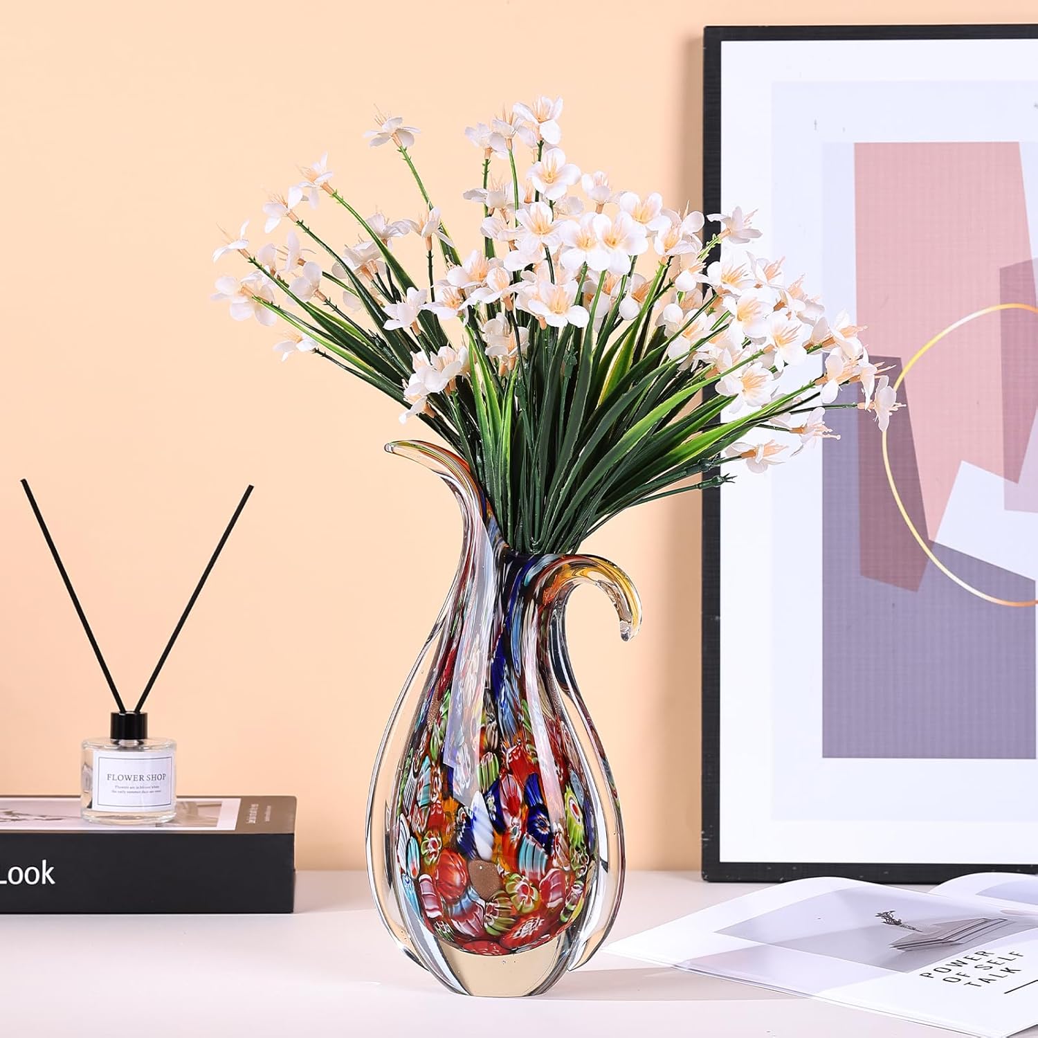 Hand Blown Glass Vase for Centerpiece, Murano Style Table Decoration, Red Blown Art Glass Ellipse Flower Vase, Single Stem Beautiful Decor for Home, Beachy Room Decor for Home Shelf - Image 7