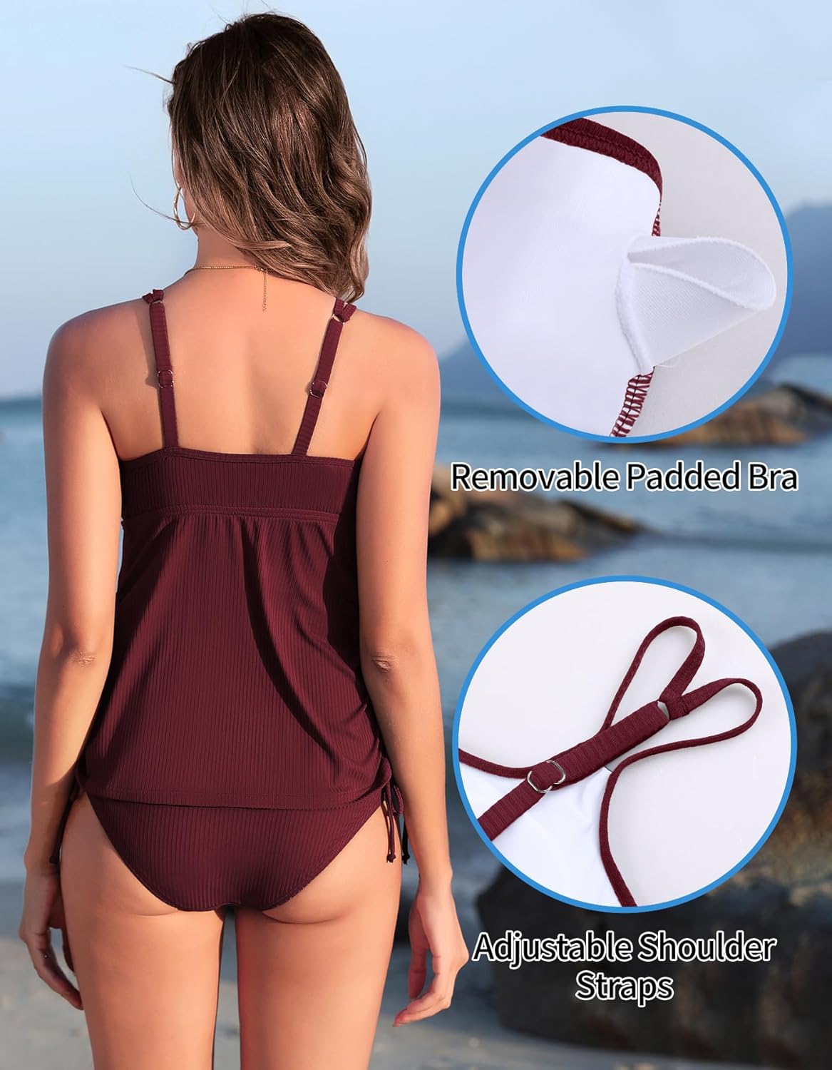 ANFILIA Two Piece Tankini Swimsuits for Women Ribbed Drawstring Tankini Top with Bottom Tummy Control Bathing Suit