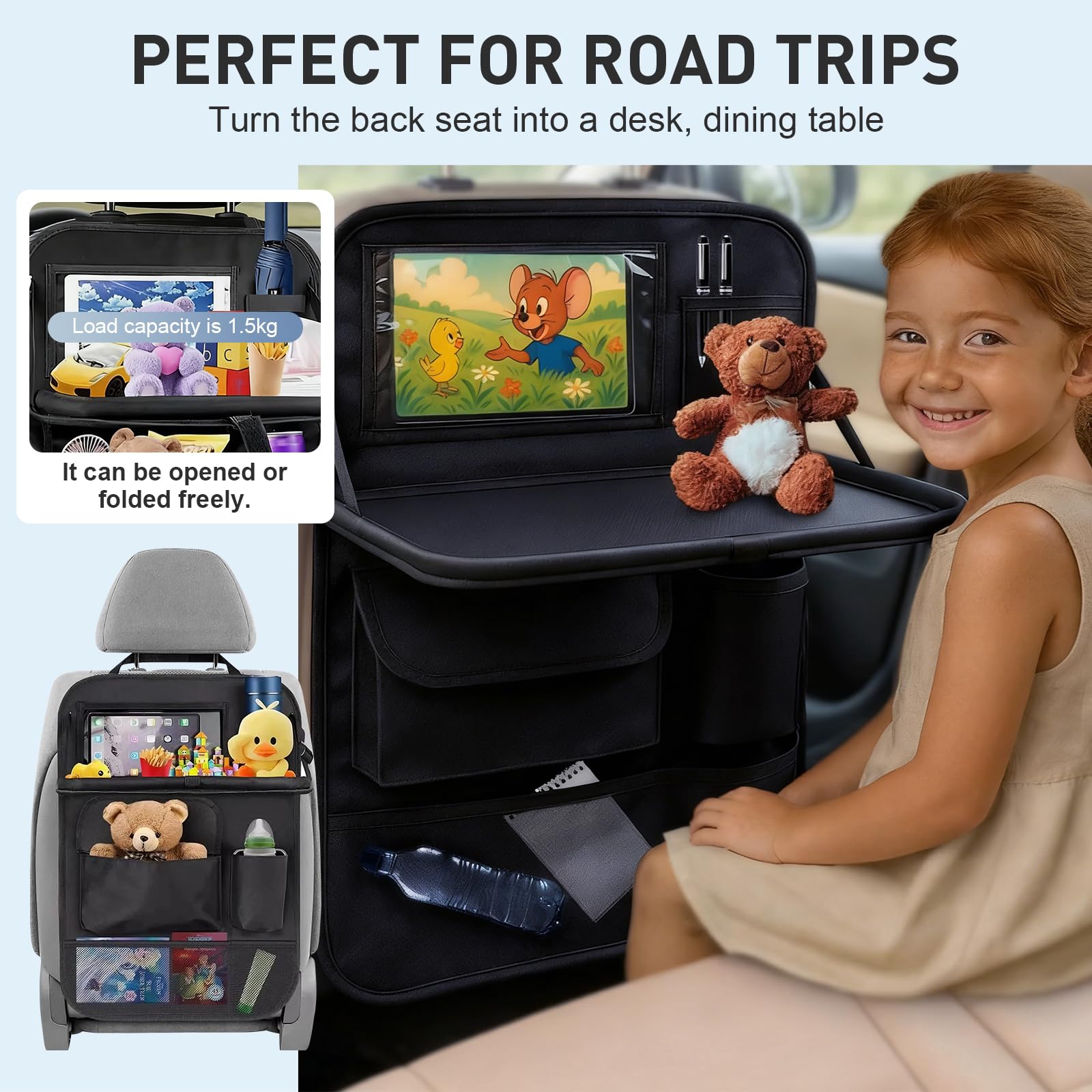 2 Piezas Organizador Coche Niños, Organizador Asiento Coche con Mesa Plegable y Funda para Tablet Oxford Protector Asiento Coche Impermeable para Viajes Familiares y Almacenamiento Juguetes