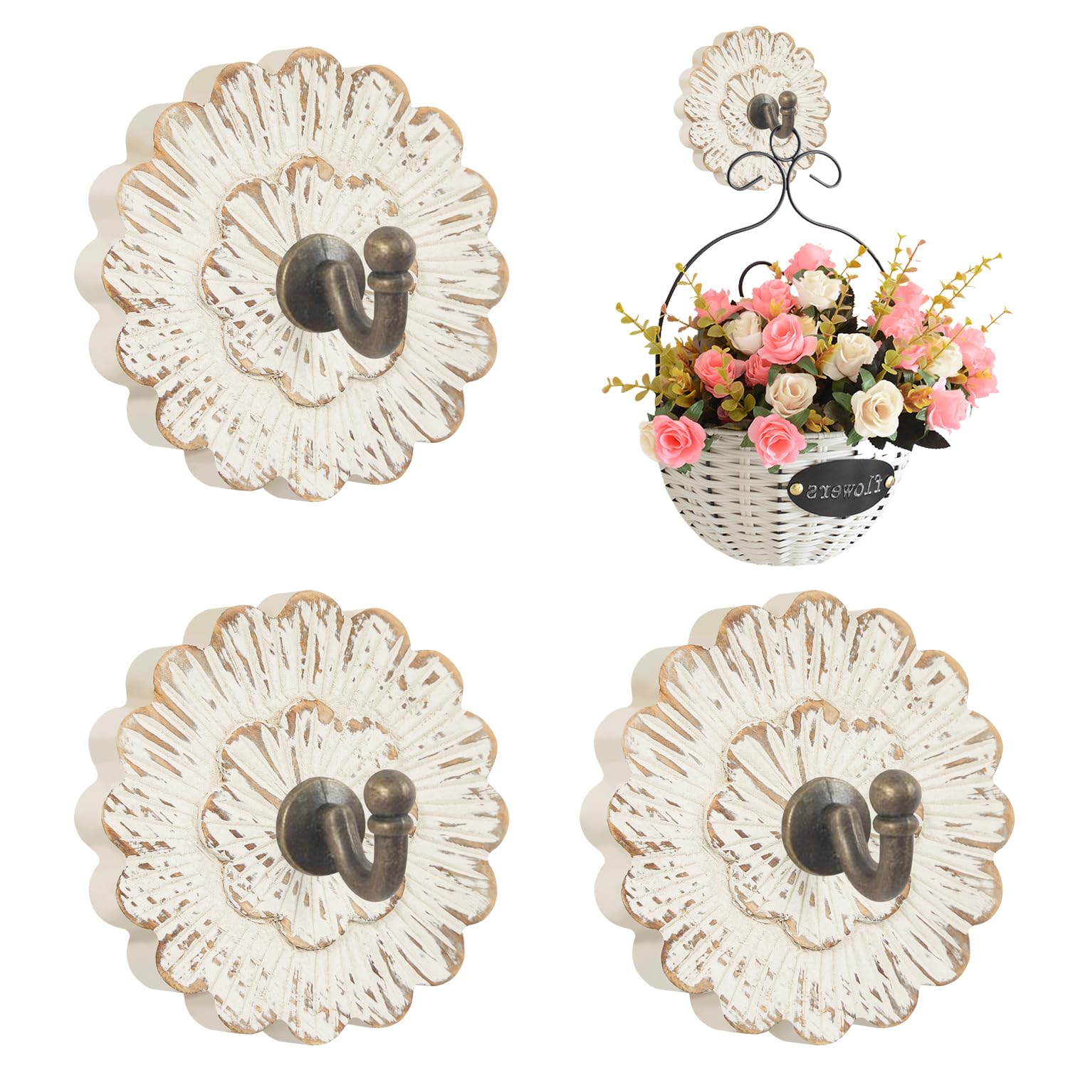 Photo 1 of Weysat 4 Pcs Vintage Hooks for Wall Wood Farmhouse Towel Hooks Shabby Chic Wall Decor Boho Coat Hanger for Home Kitchen Office Keys Bags Towel (Flower)