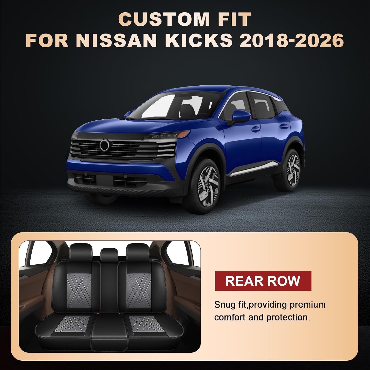 YORKNEIC Car Seat Covers for Nissan Kicks 2018-2023 2024 2025 2026: 5-Seat Set Faux Leather Seat Covers Full Set Waterproof Car Seat Protector (5-Seat Set,Black & Grey)