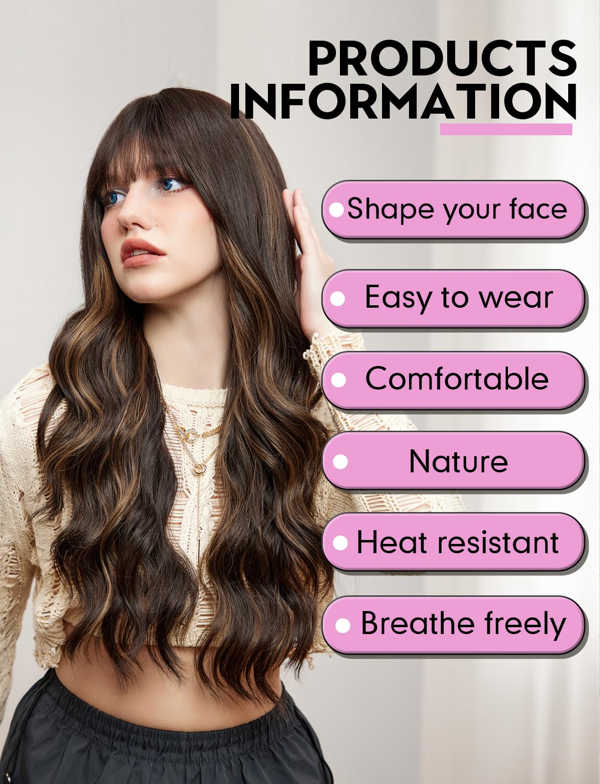 WOKESTAR Long Dark Brown with Highlights Wigs for Women Synthetic Hair Wavy Wig with Fringe, average size - Image 2