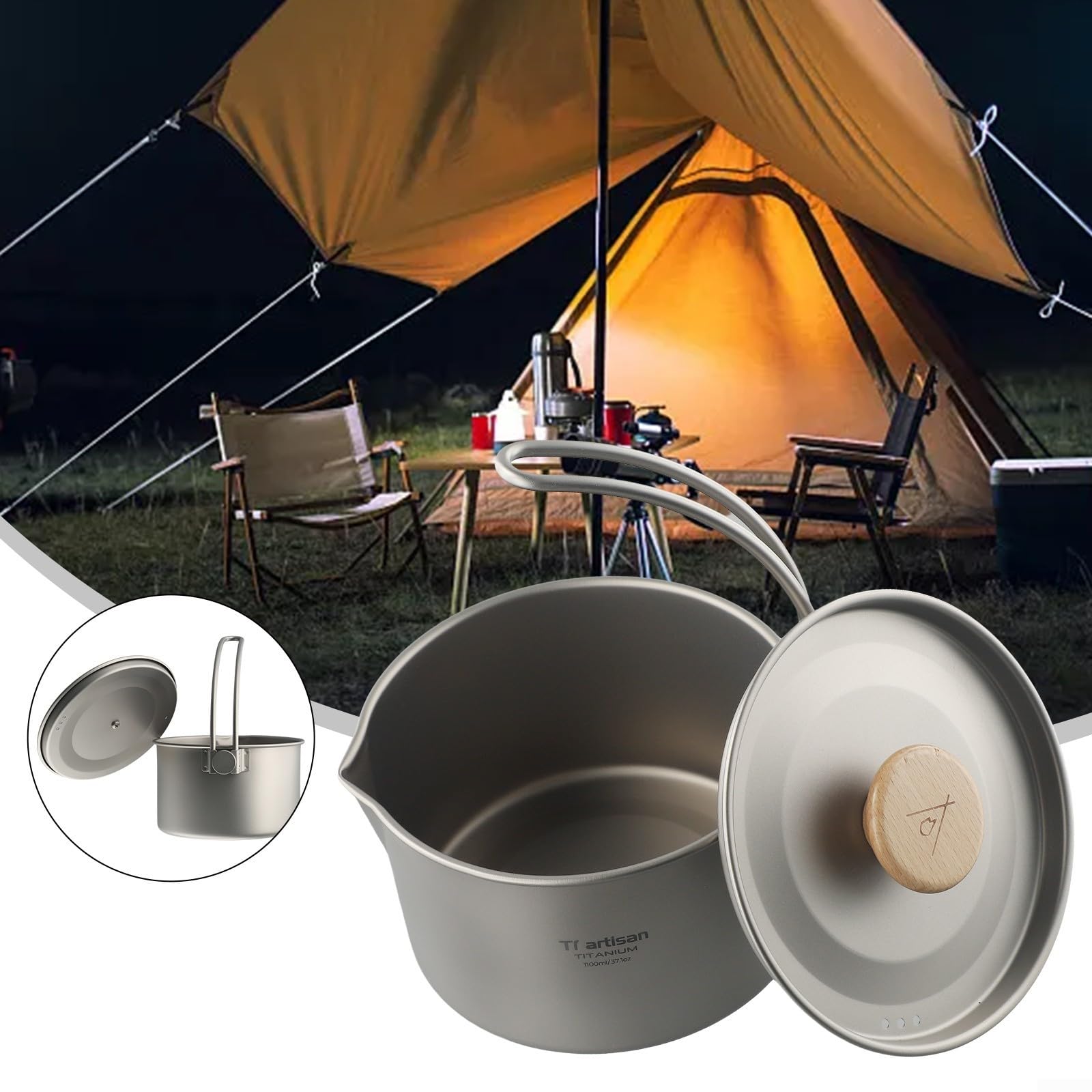 Olla de titanio para camping, olla colgante de 1,1 L con mango desmontable y bolsa de almacenamiento, para acampar al aire libre y senderismo