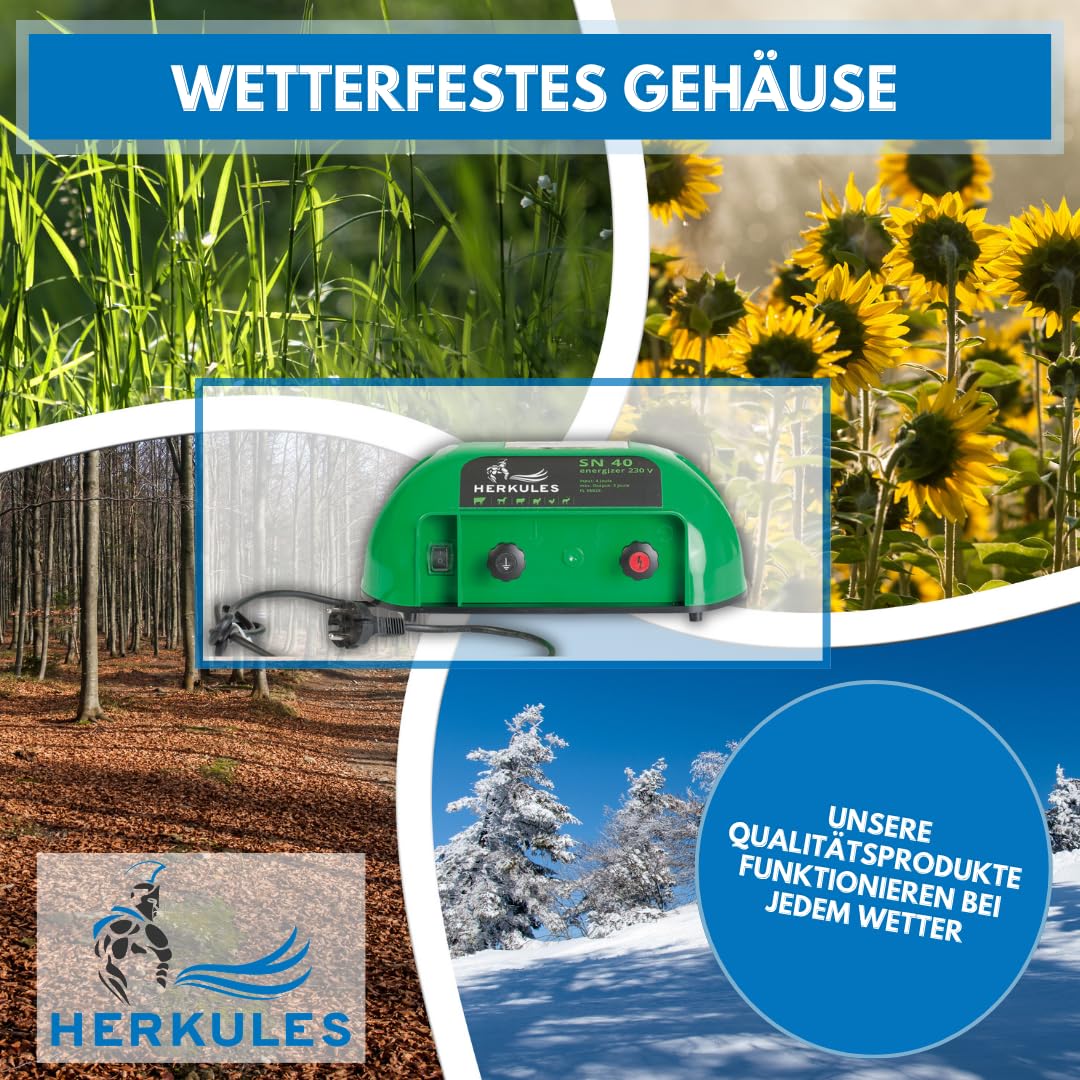 Herkules Weidezaungerät SN 40 - Starkes 230V Netzgerät - Elektrozaungerät für bis zu 25 km Zaun - Weidezaun Stromgerät mit 7500 V Leistung - Robustes Weidegerät für Rinder, Pferde, Schafe & Geflügel