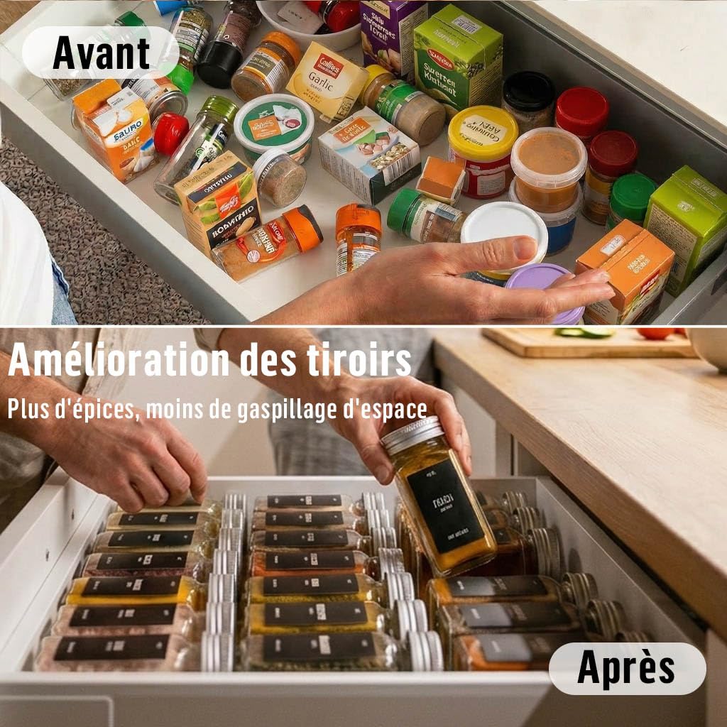 Deco haus® Lot de 36 Bocaux à Épices Carrés Hermétiques [avec Étiquettes & Saupoudreur] - Bocaux en Verre - Pot a Epices en Verre et Bois, Spice Jars - Récipients d'Épices - Pot à Epices