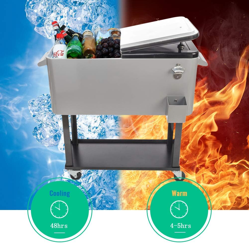 Patio Rolling Cooler Cart on Wheels 80-Quart Outdoor Portable Party Drink Beverage Bar Cart Mobile Ice Chest Trolley with Storage Tray & Bottle Opener