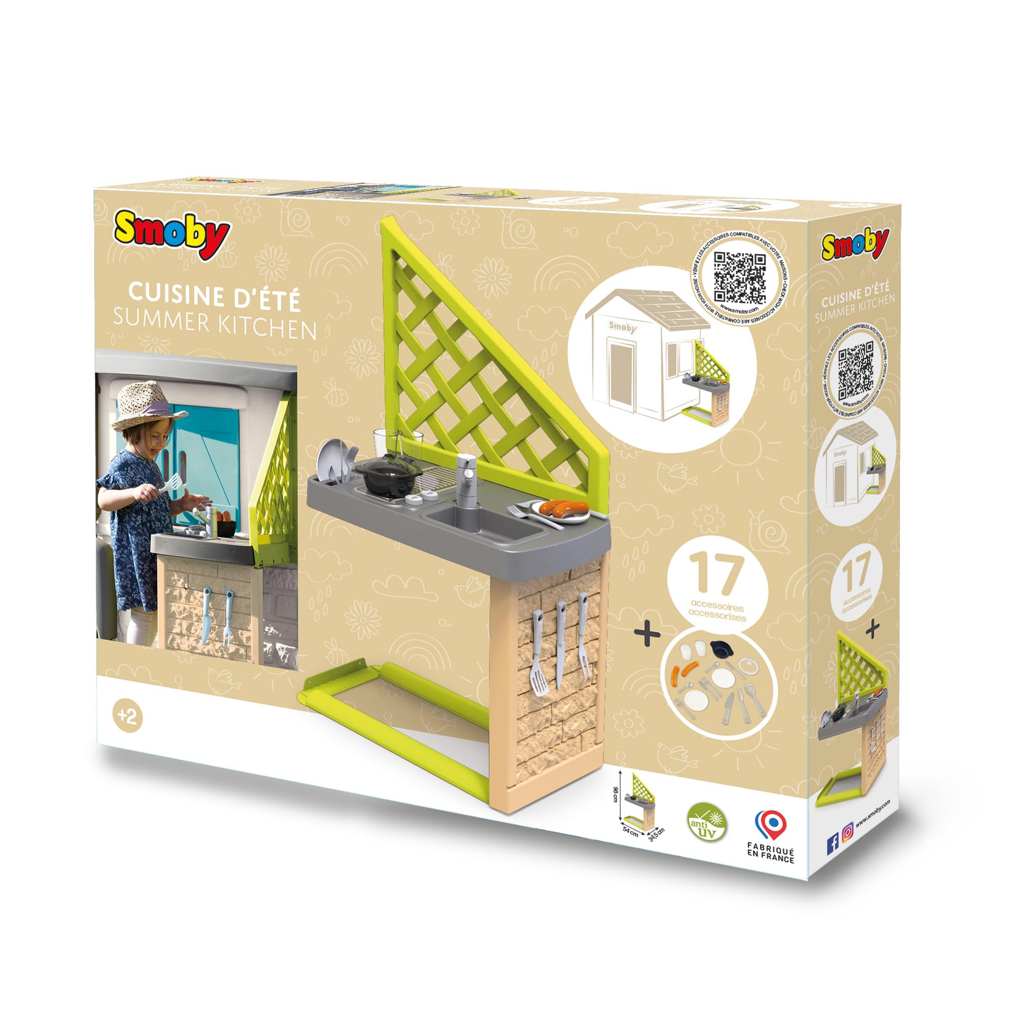 Smoby - Cucina estiva da aggiungere ad una casa Smoby - Piastra grill - Lavello con rubinetto - 17 accessori - Made in France