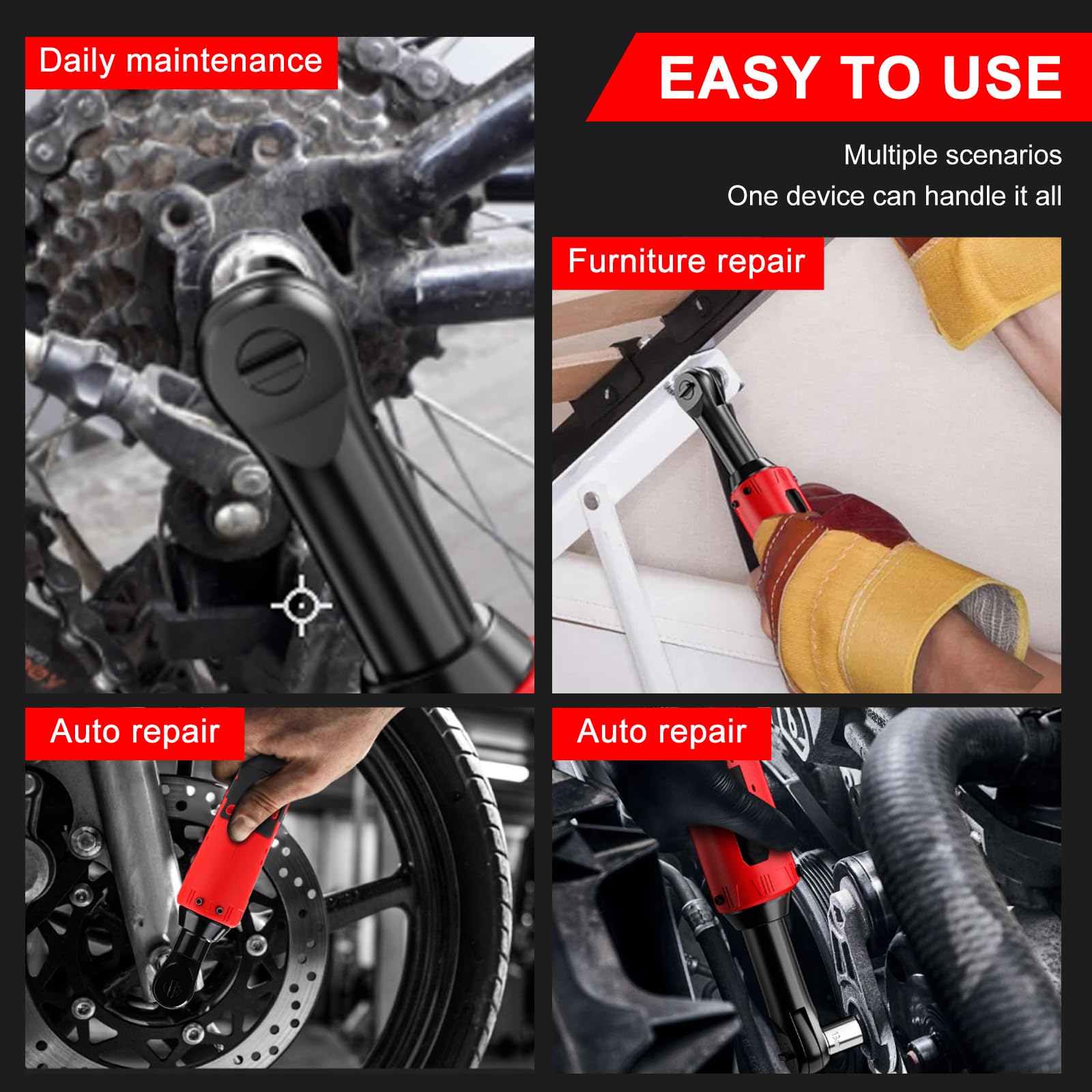 VOBOR 12V 3/8" Llave de Carraca Eléctrica 35N.m, con 2x4.5Ah Baterías y Carga Rápida, 320RPM Velocidad Variable, Llave de Trinquete Inalámbrica con 7 Enchufes
