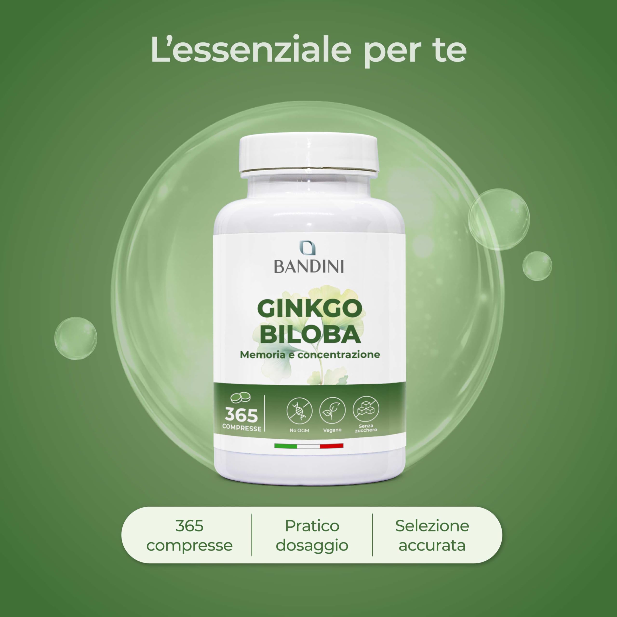 Bandini® Ginkgo Biloba 6.000mg, 365 Compresse (1 Anno di scorta) Estratto 50:1 di Ginko Biloba con Glicosidi Flavonici e Lattoni Terpenici, Gingko Integratore Nootropico 100% Vegan, Senza OGM