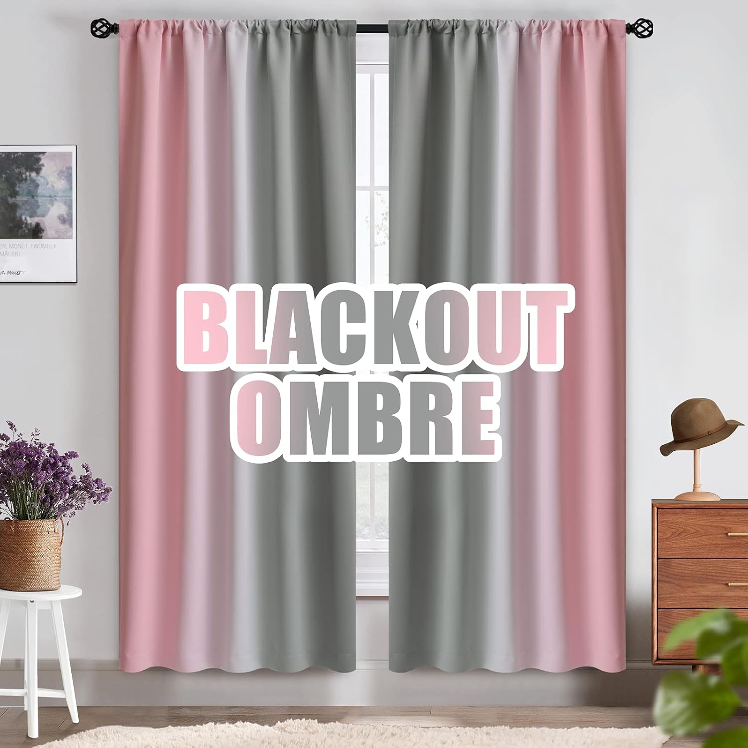 COSVIYA Ombre Room Darkening Curtains 84 inches Length for Living Room, Light Blocking Pink and Grey 2 Tone Reversible Rod Pocket Gradient Window Drapes for Kids Bedroom, 2 Panels, 52 inches Wide