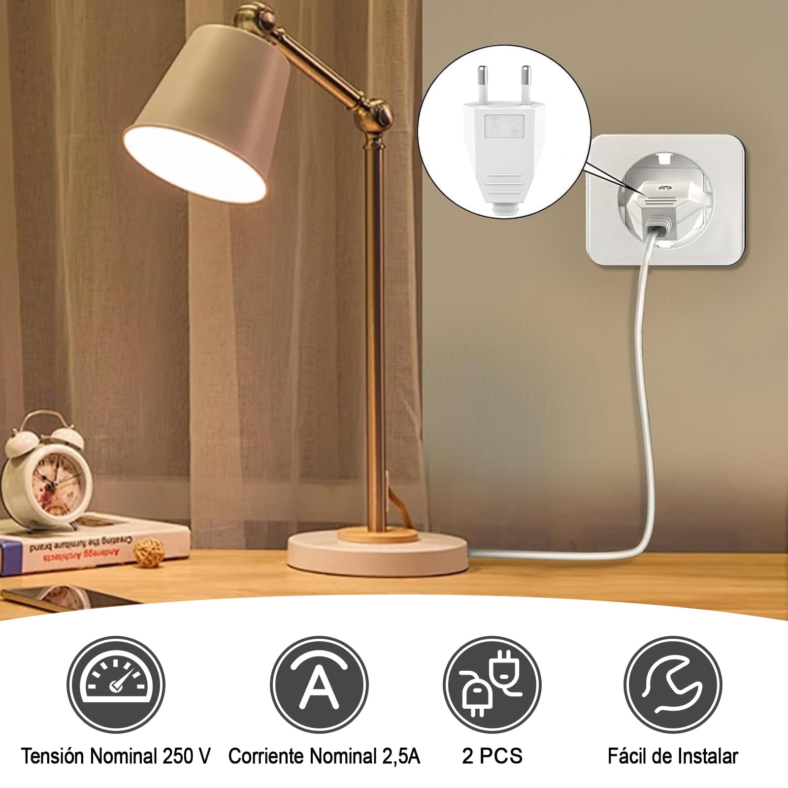 2 Piezas Enchufe Europeo Plano, Enchufes Euro de Alimentación 250V 2.5A, Clavija Enchufe Electricas Macho de Decoración del Hogar de Schuko Instala o Reemplaza, Blanco