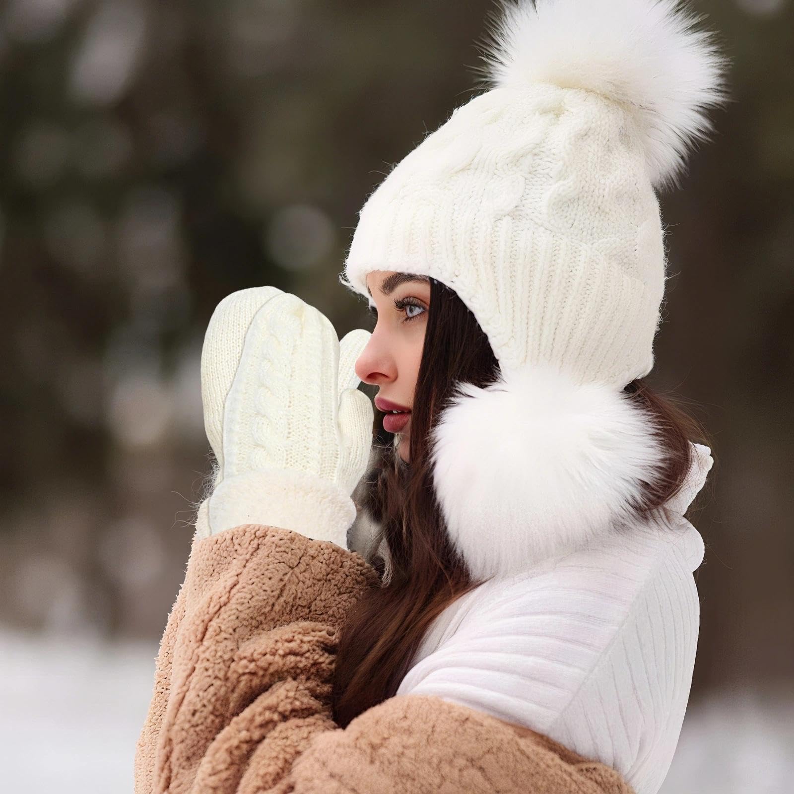 FENGCHUANG Handschuhe Damen Winter Warm, Strickhandschuhe mit Fleecefutter, Super Dicke Winter Strick Fäustlinge Einfarbig für Running Radfahren Skifahren (Weiß) Fashion