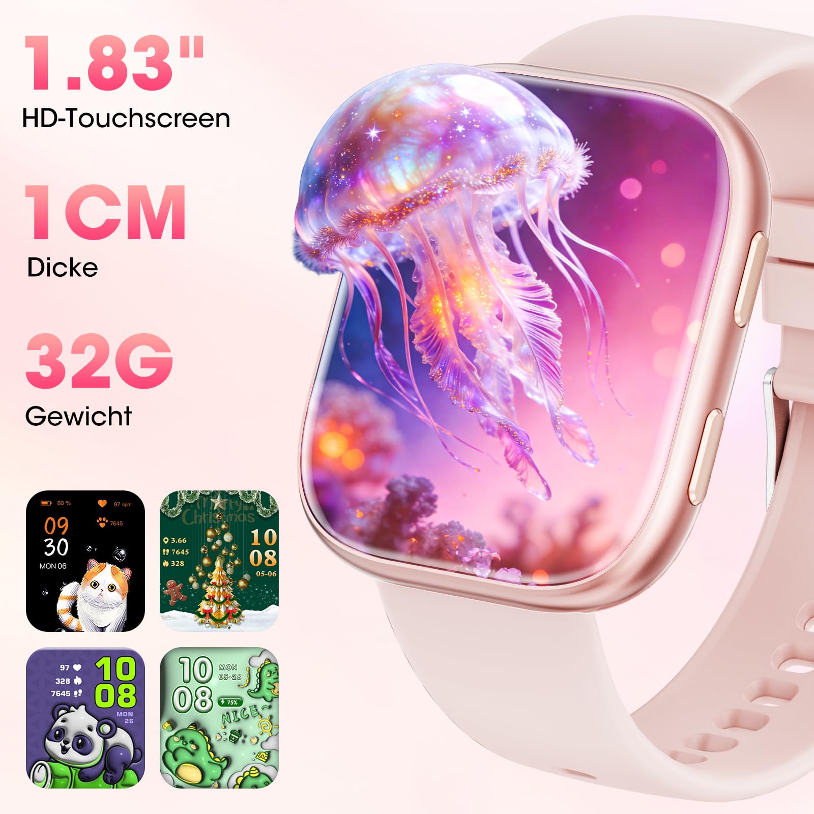 Smartwatch Damen mit 7 Armbänder & Geschenkbox, 1.83" HD Smartwatch mit Bluetooth-Anruf, Fitness Tracker mit SpO2, Pulsmesser, Schlafmonitor, Schrittzähler, IP68 Wasserdicht, 100+ Sportmodi(Hellrosa)