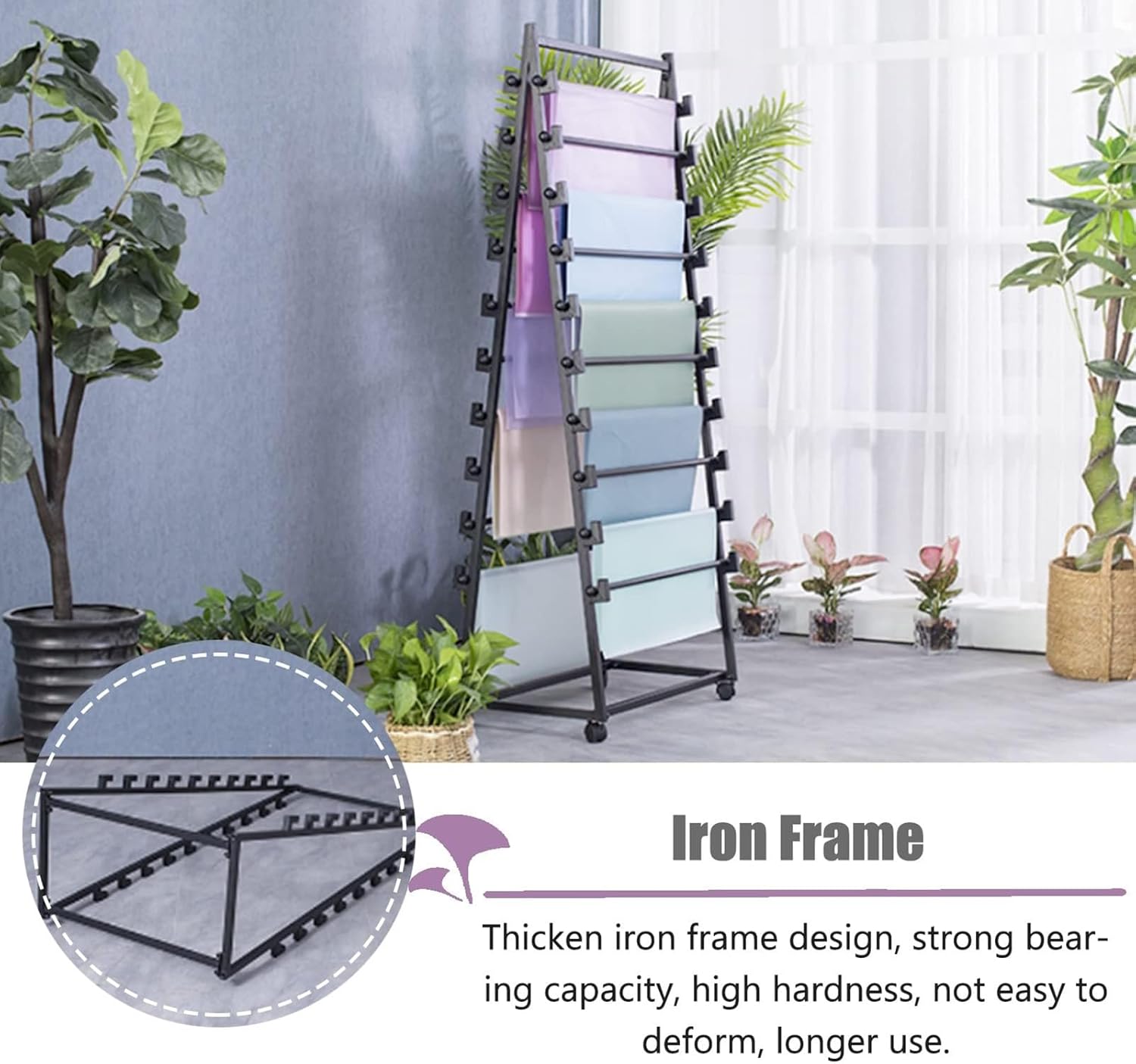 THEGA 10 Tier Metal Storage Holder - Movable Scarf Stand, with Removable Crossbar Display Stand, Wrapping Paper Organizers Stand, for Ribbon/Fabrics/Shawl, for Florist/Gift Shop(Size:80x40x160cm)