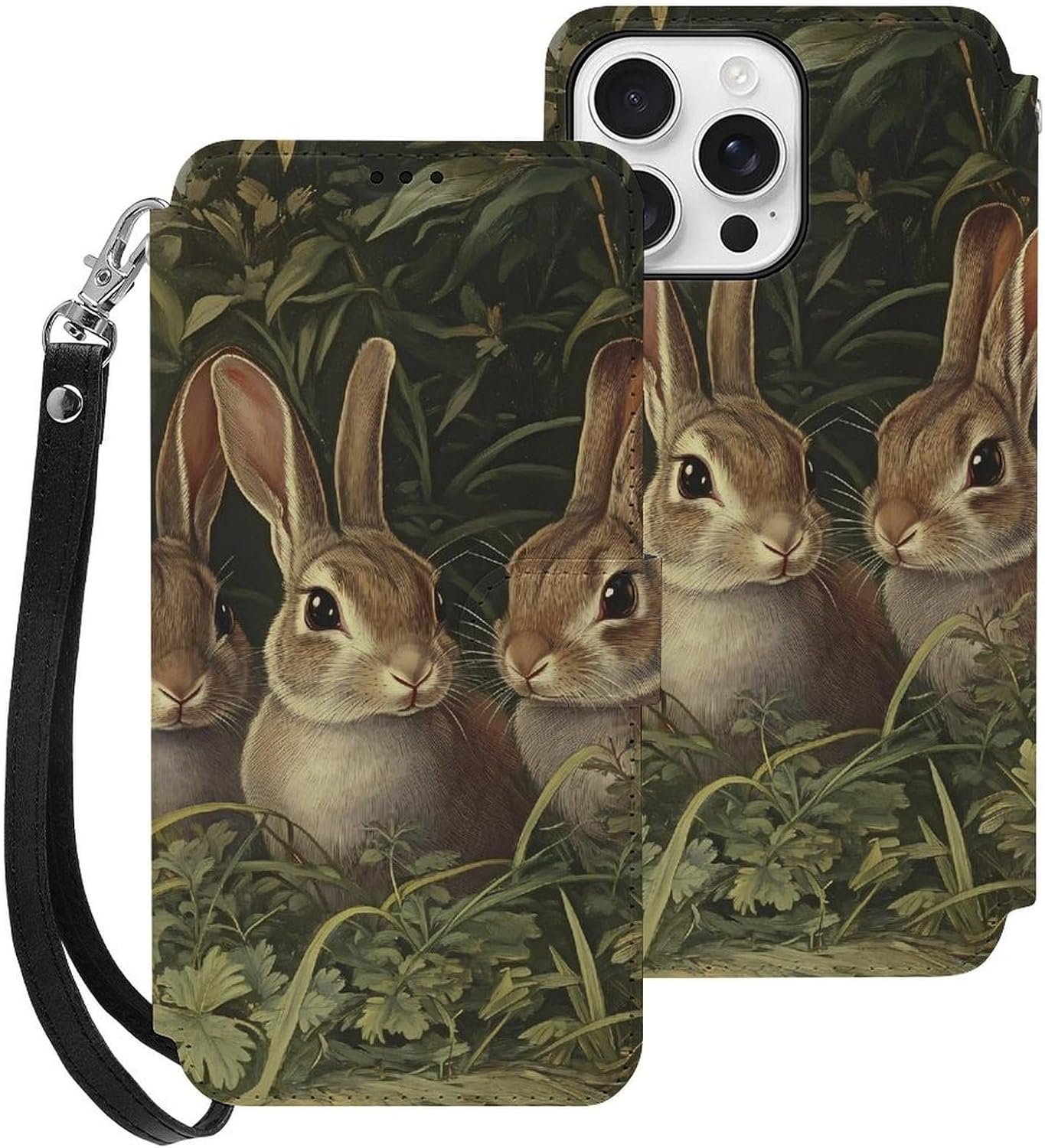 Rabbits in The Grass Compatible with iPhone 16/16 Plus/16 Pro/16 Pro Max/16 E Case Phone Wallet Card Holder Flip Cover with Wrist Strap