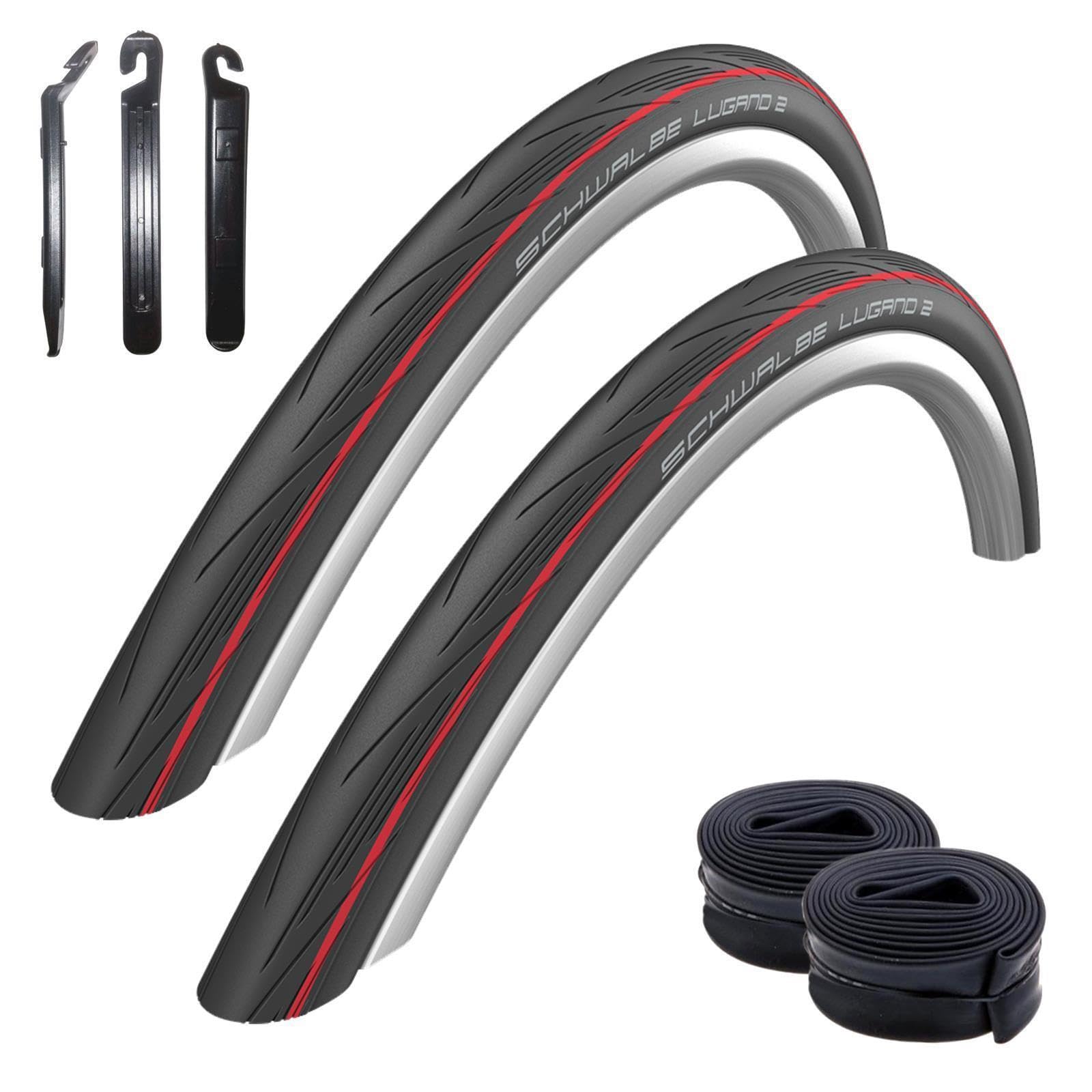 2 x Schwalbe Lugano 2 28" Rennradreifen Schwarz roter Streifen 700 x 25C (25-622) + 2 Schwalbe Schläuche SV15 lang (60 mm) inkl. 3 Reifenheber