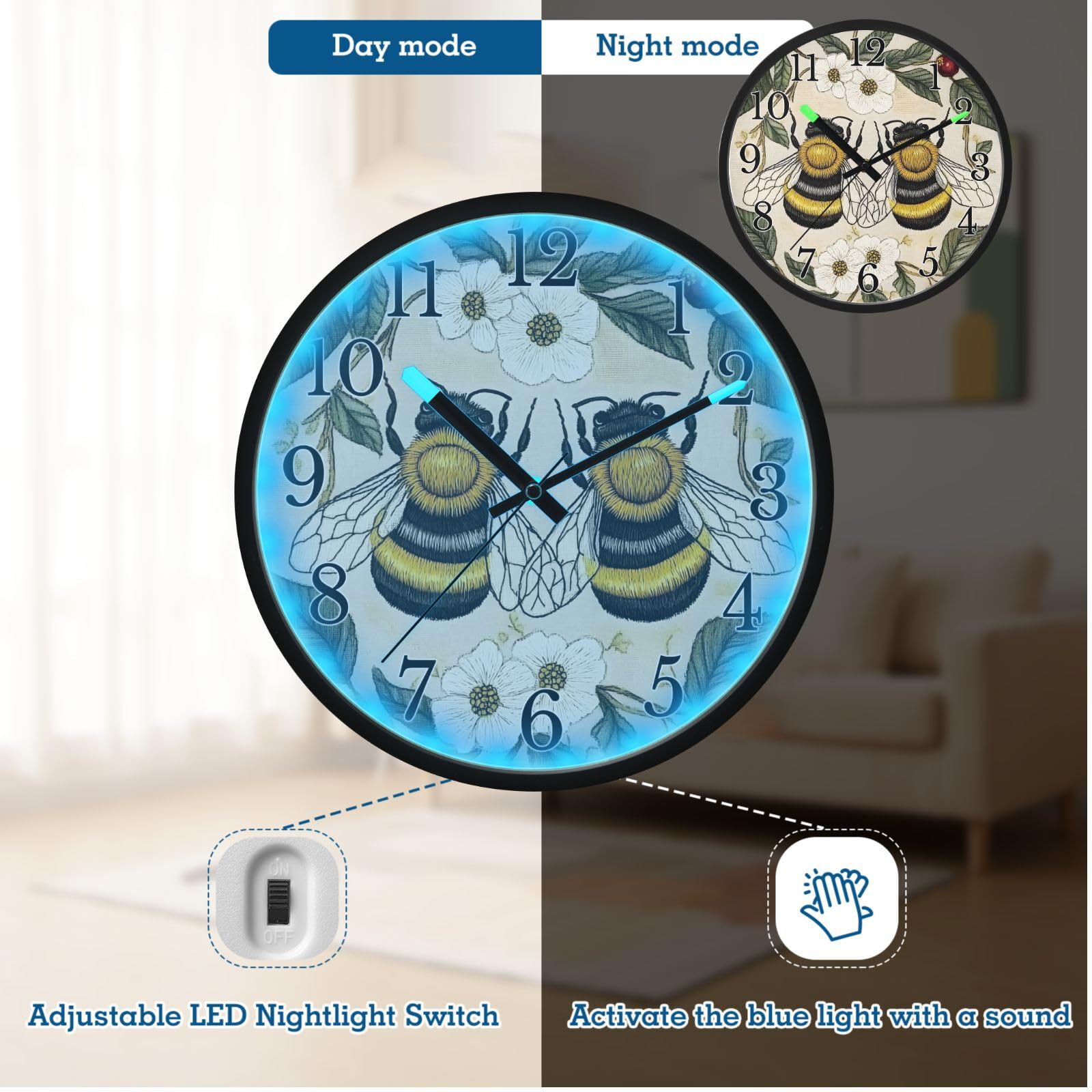 Mnsruu Reloj de pared luminoso con diseño de abejas, flores blancas, bayas rojas, hojas, reloj de pared que brilla en la oscuridad, funciona con pilas, silencioso, sin tictac, luz nocturna para