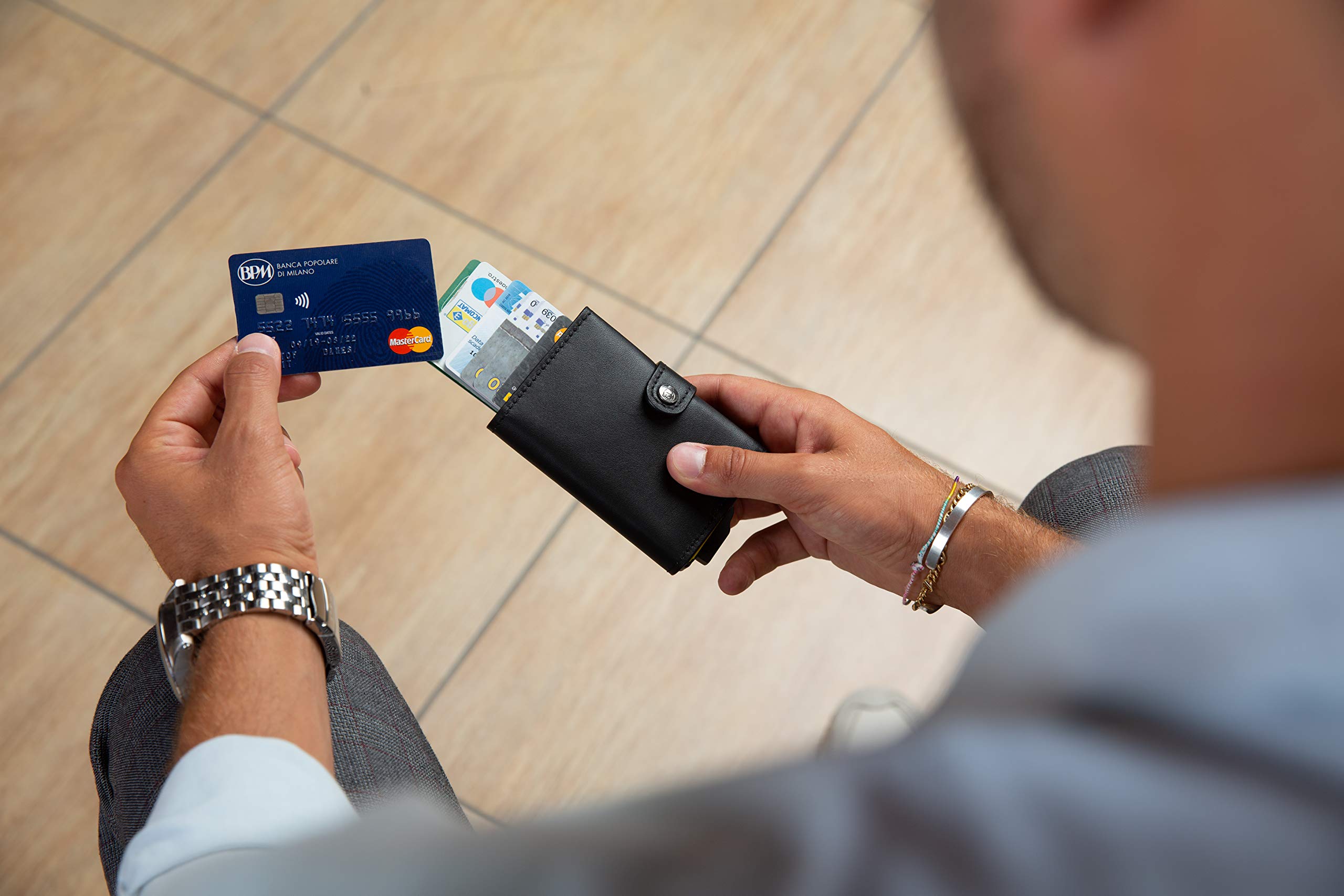 SLim Portafoglio Personalizzabile Porta Carte di Credito Schermato Portacarte Anticlonazione Uomo Donna Personalizzabile (Nero e Azzurro con Zip)
