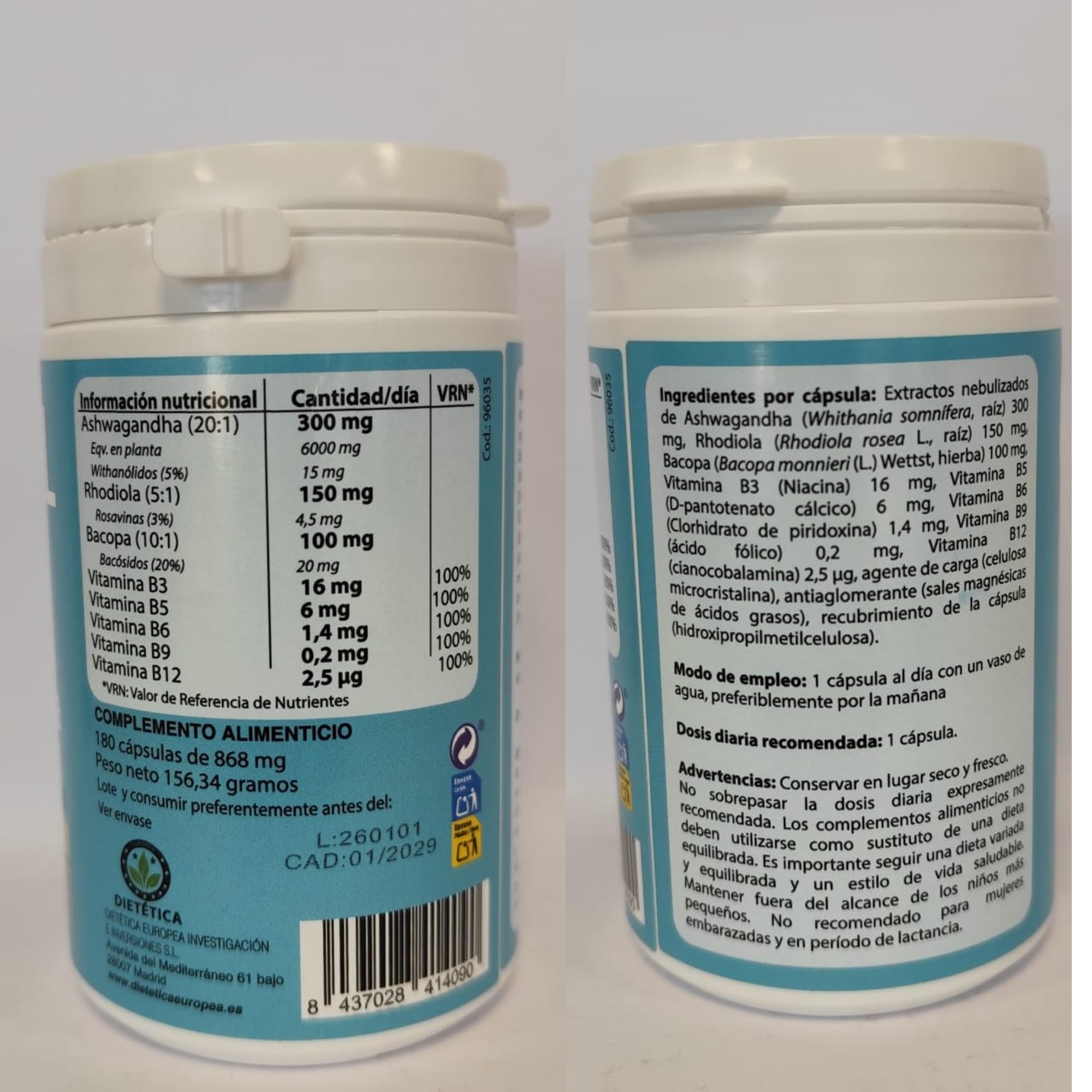 DIETETICA EUROPEA Cortisol RELAX 6 meses - bajar cortisol y estres y ansiedad sin perder energía - ashwagandha y rhodiola + bacopa monnieri - anti estres natural 180 Cápsulas