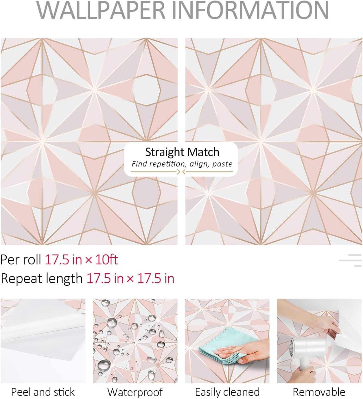 ReWallpaper Modern Wallpaper Peel and Stick Art Deco Blush Pink Rose Gold Geometric Wallpaper for Bedroom Living Room Guest Room Home Office Accent Wall Feature Wall Neutral Interior Decor 17.5 x 23ft