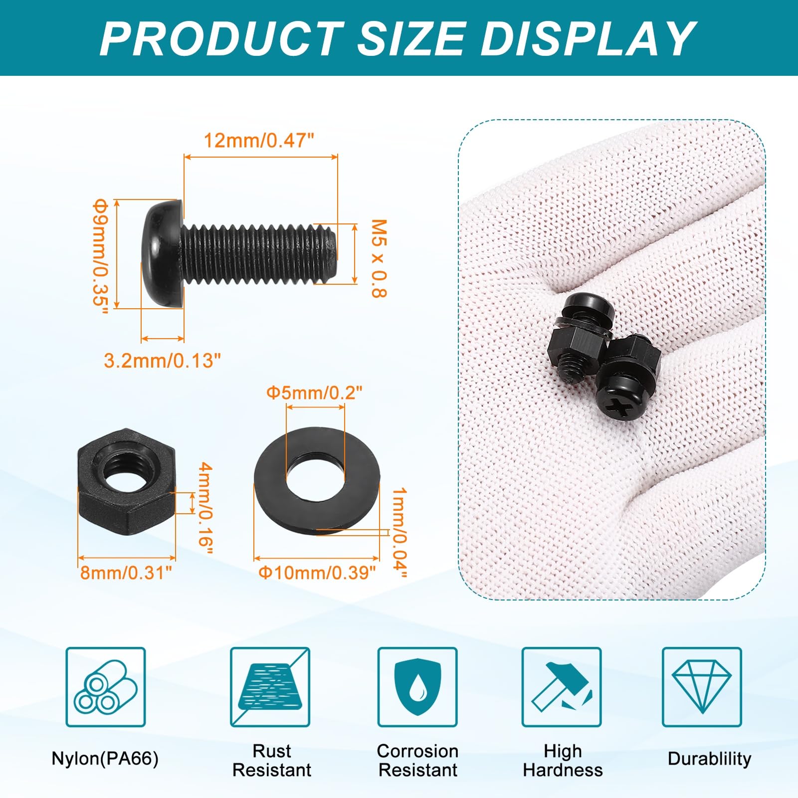 sourcing map 25 Set M5x12mm Nylon PA66 Plastic Cross Round Head Screw Phillips Bolts Hex Nuts Flat Washers Assortment Kit - Image 2