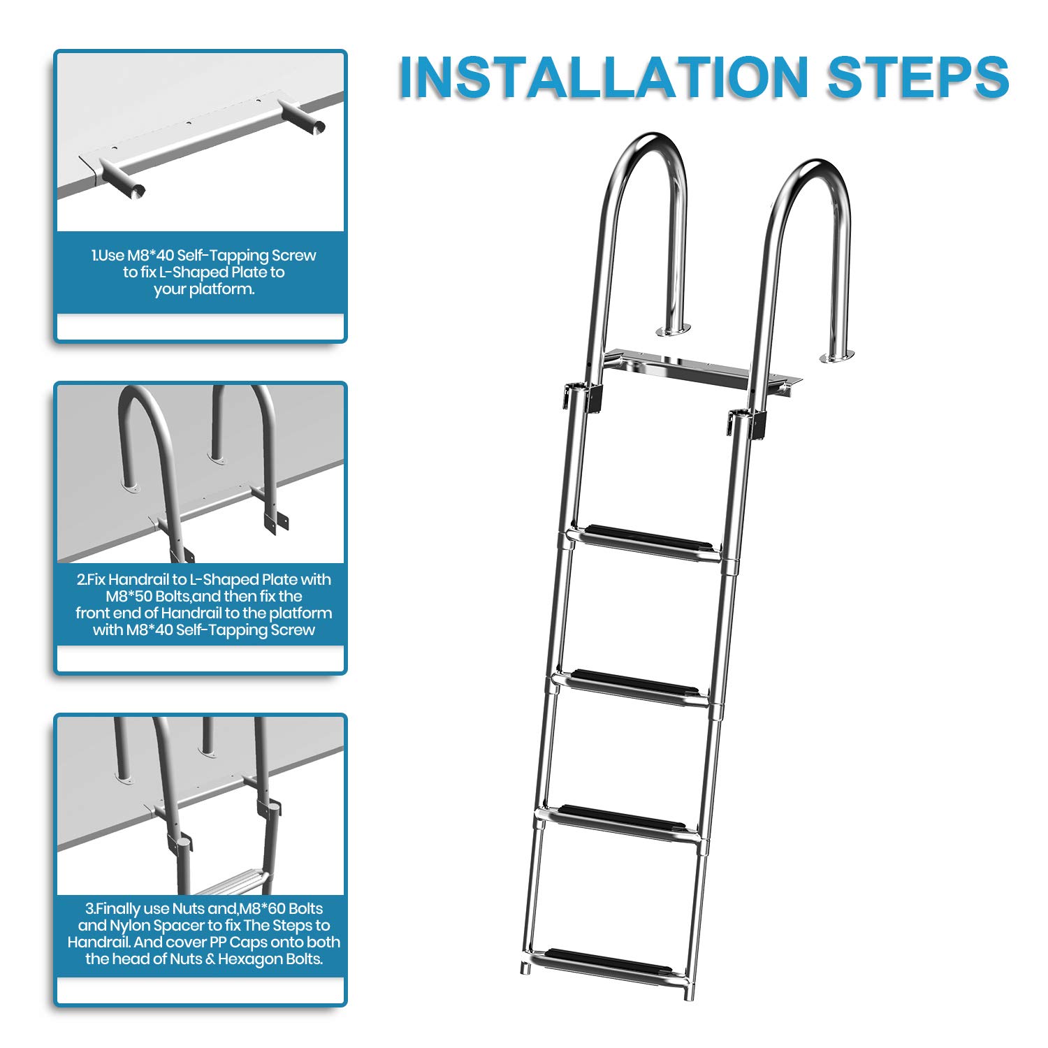 XGEAR 4 Step Pontoon Boat Ladder, Foldable Premium Stainless Steel